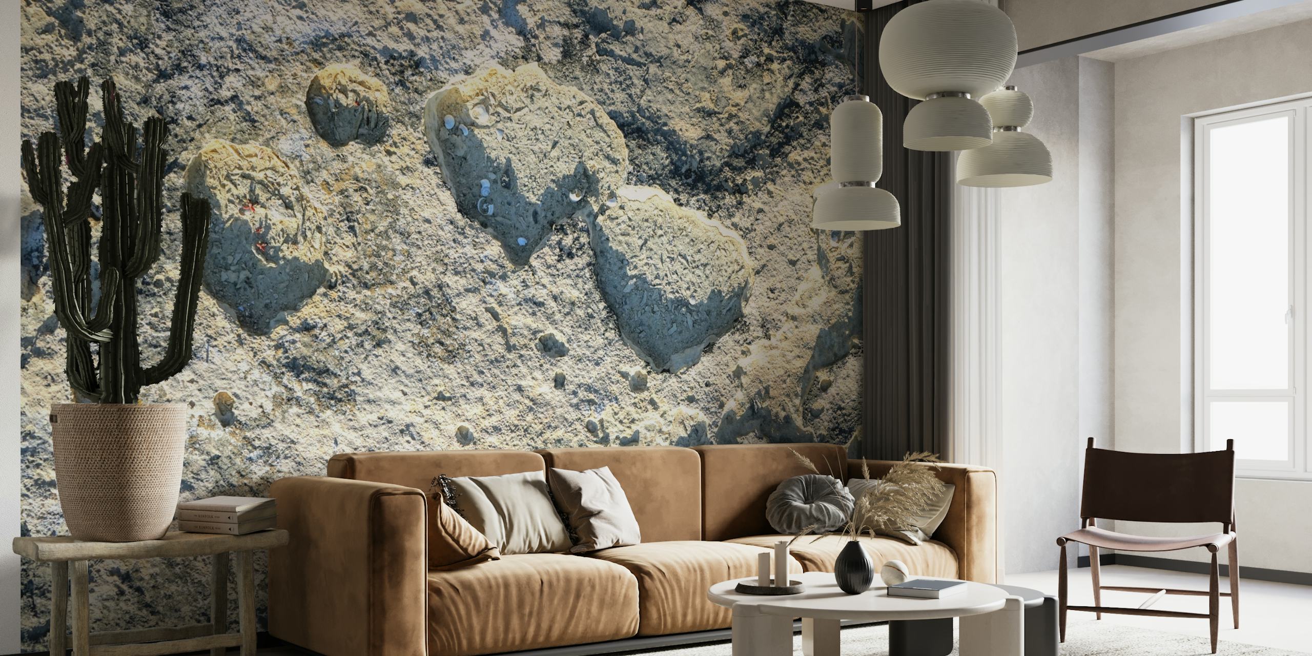 Textured sunlit stone wall mural with warm, rustic tones.