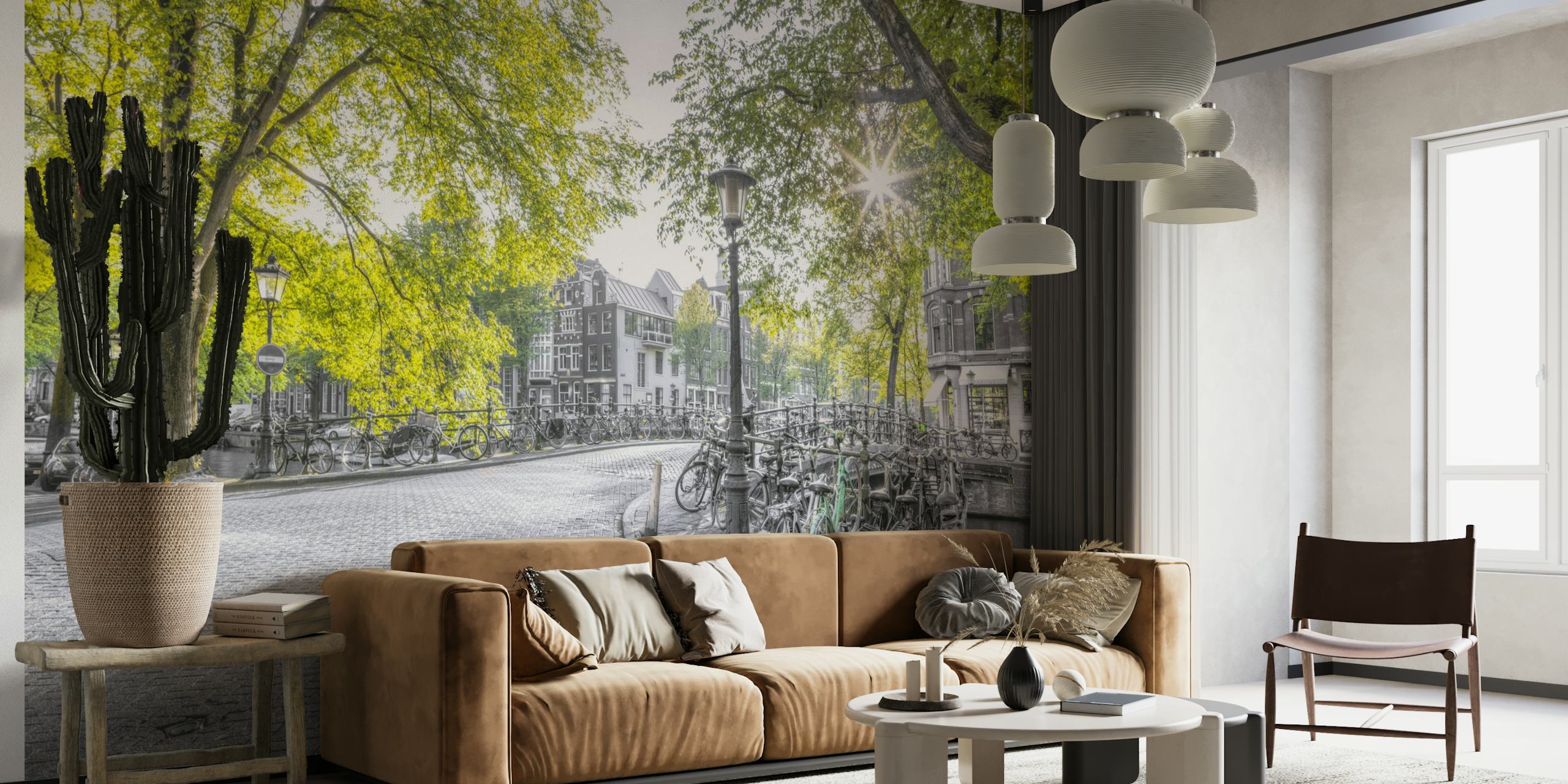 Amsterdam city street wall mural with a sunlit, tree-lined canal and bicycle stand