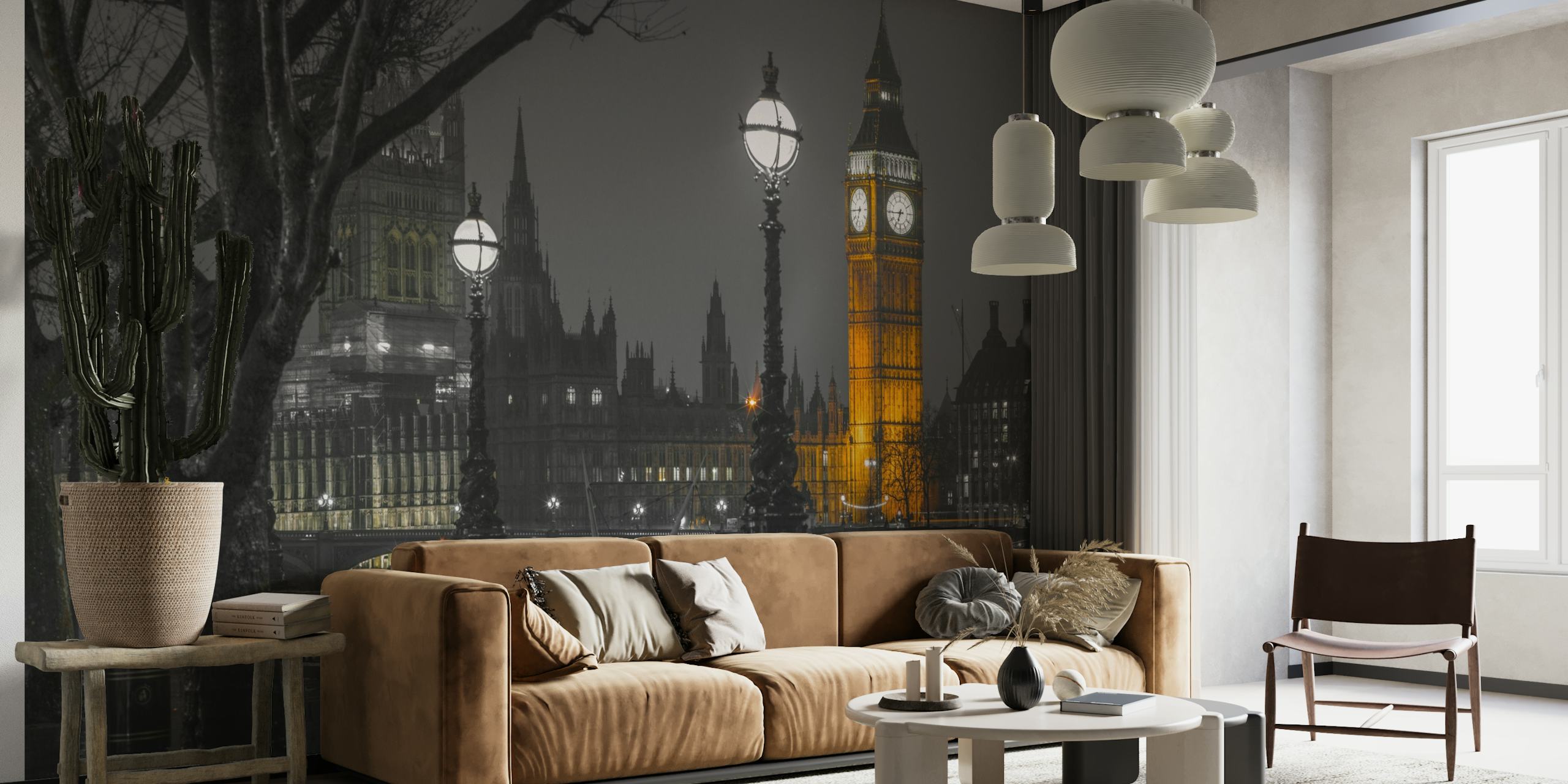 Mustavalkoinen seinämaalaus Lontoon kaupunkikuvasta hämärässä Elizabeth Towerin valaistuna