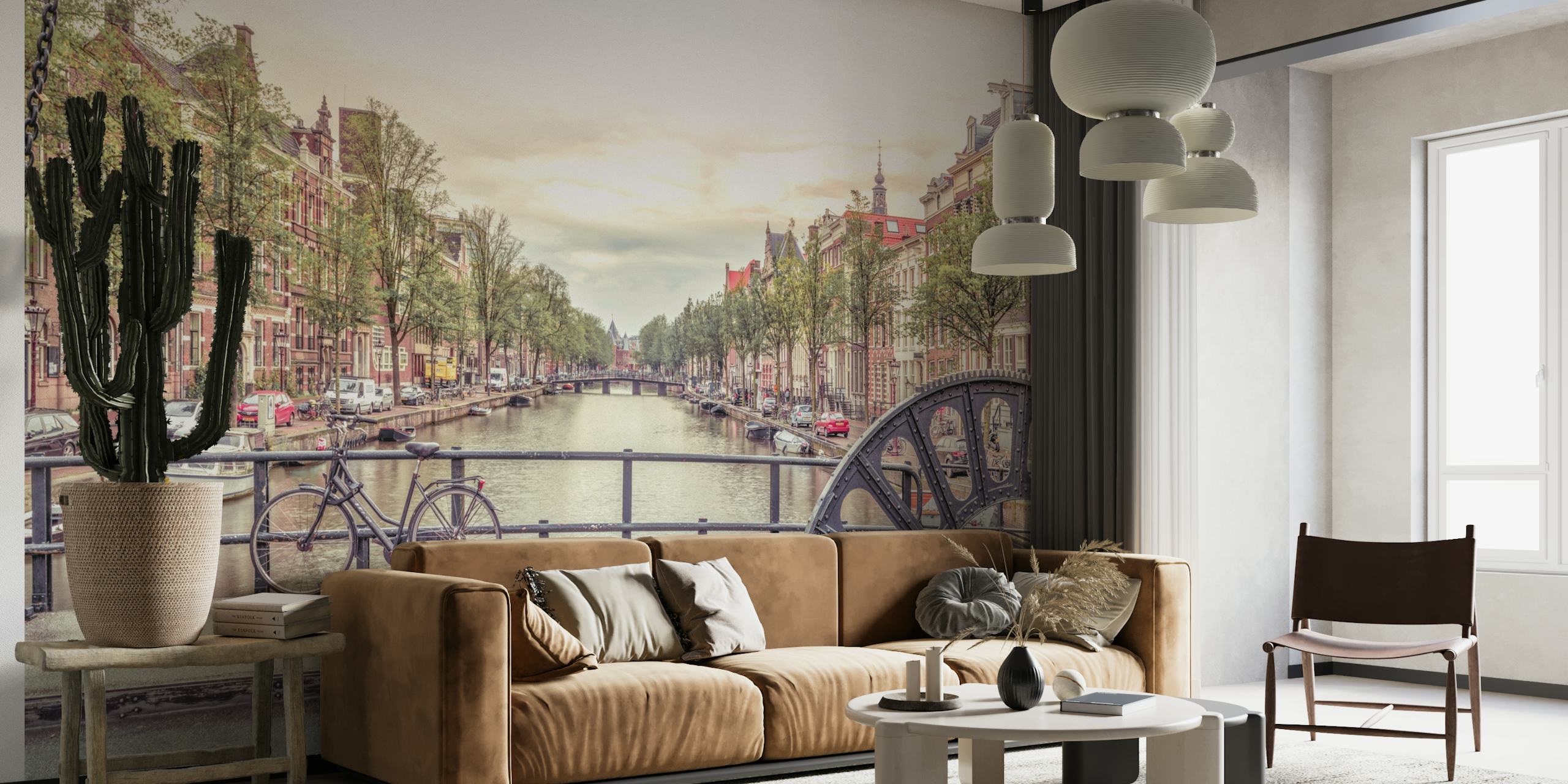 Canal through Amsterdam city behang