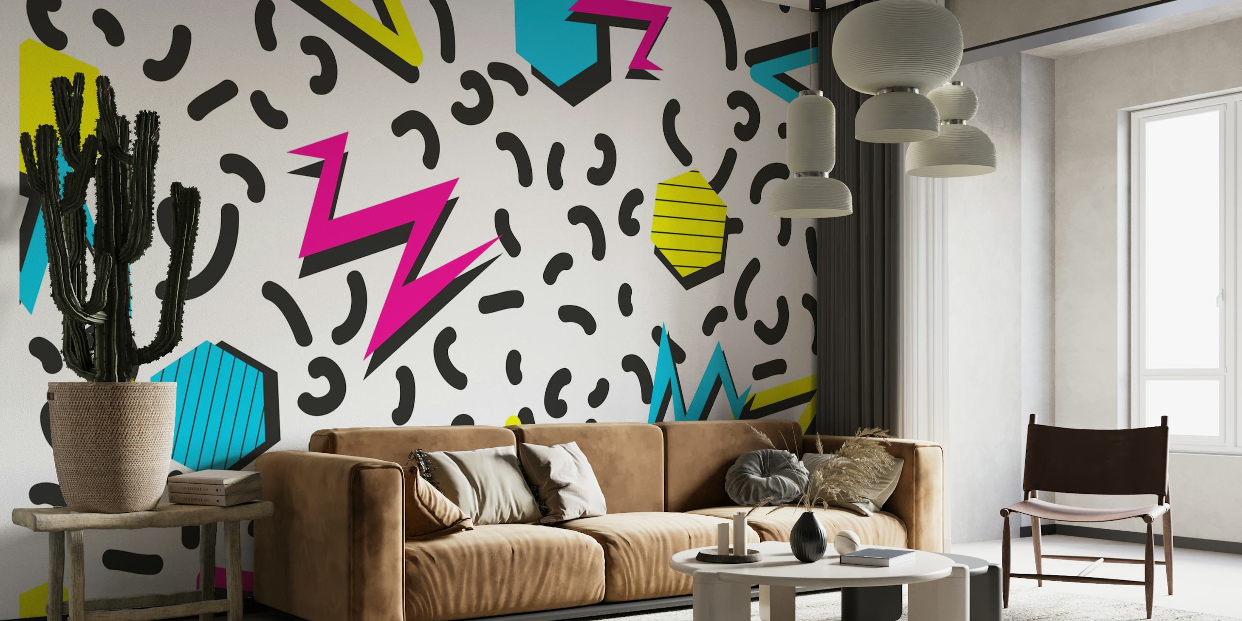 Trendy neonkleurige geometrische vormen en doodles muurschildering