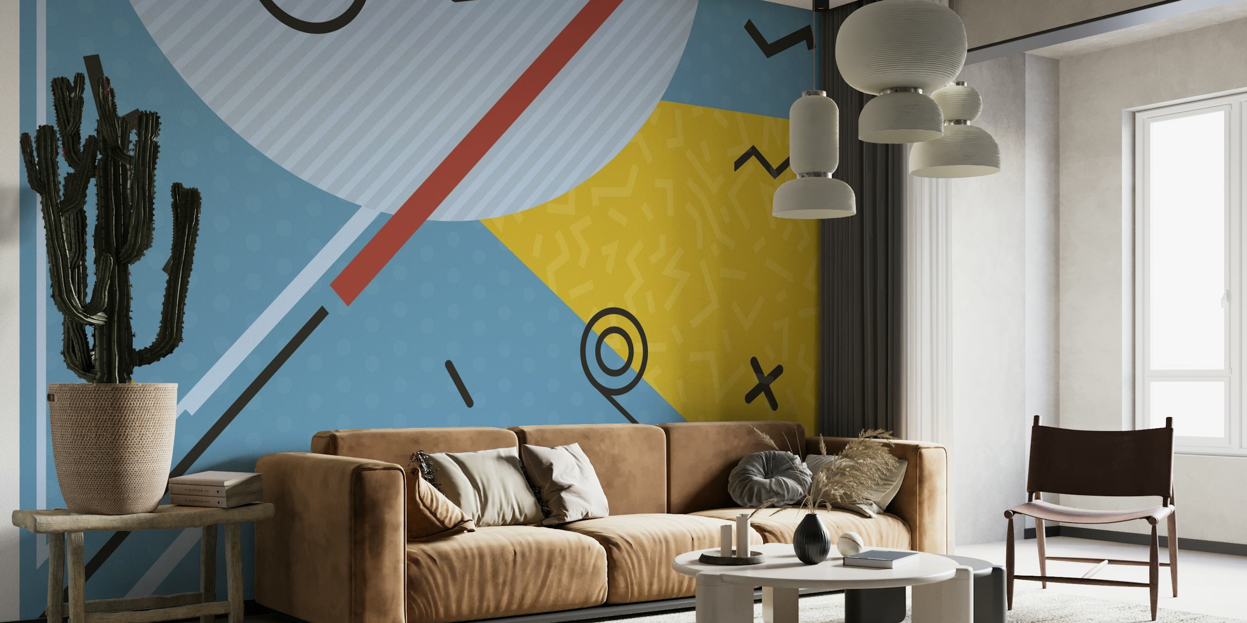 Zidna slika s geometrijskim oblicima boje plavozelene boje i senfa