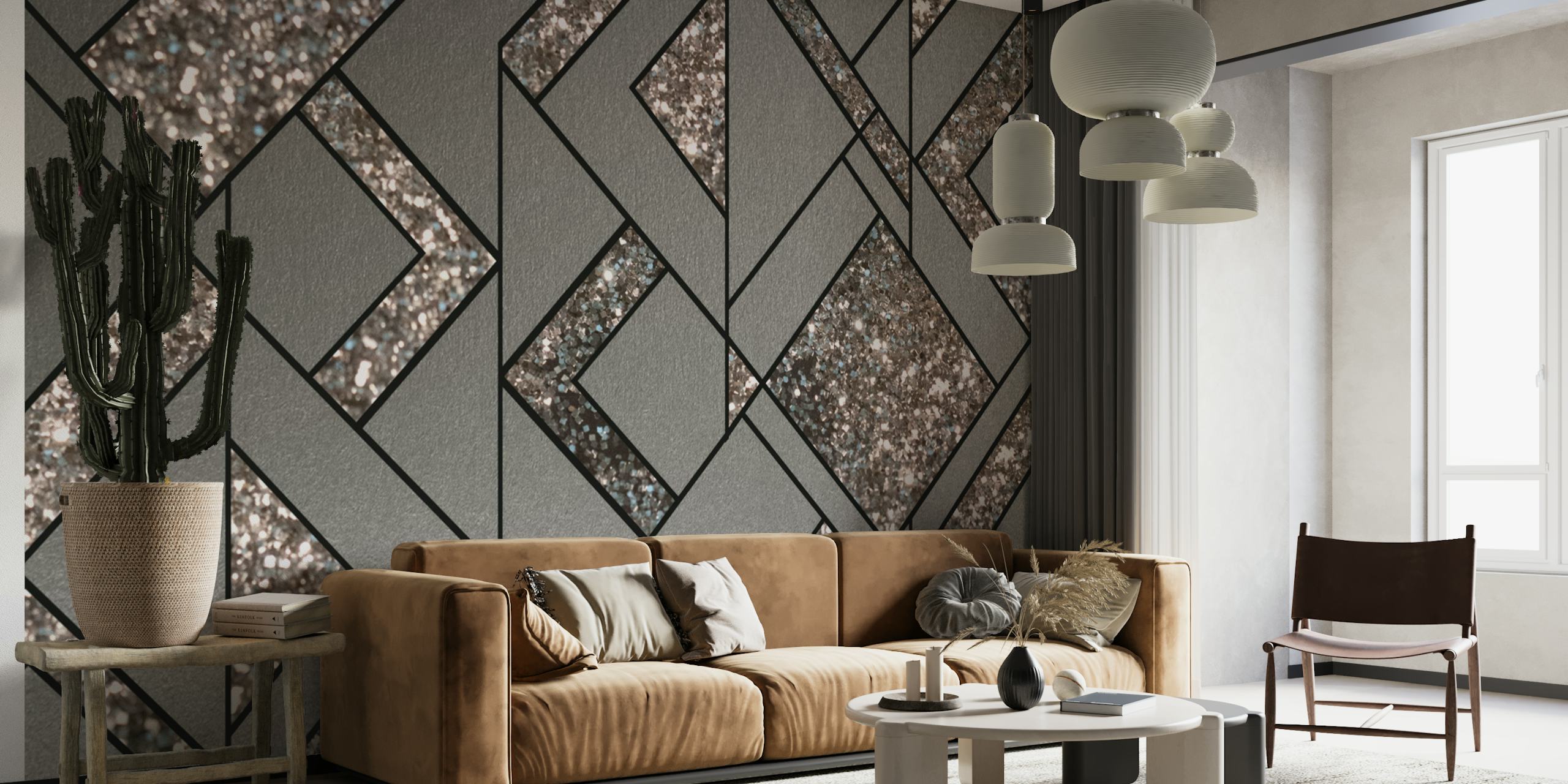 Geometrisches Art-Deco-Muster mit glitzernden silbernen Details auf grauem Hintergrund