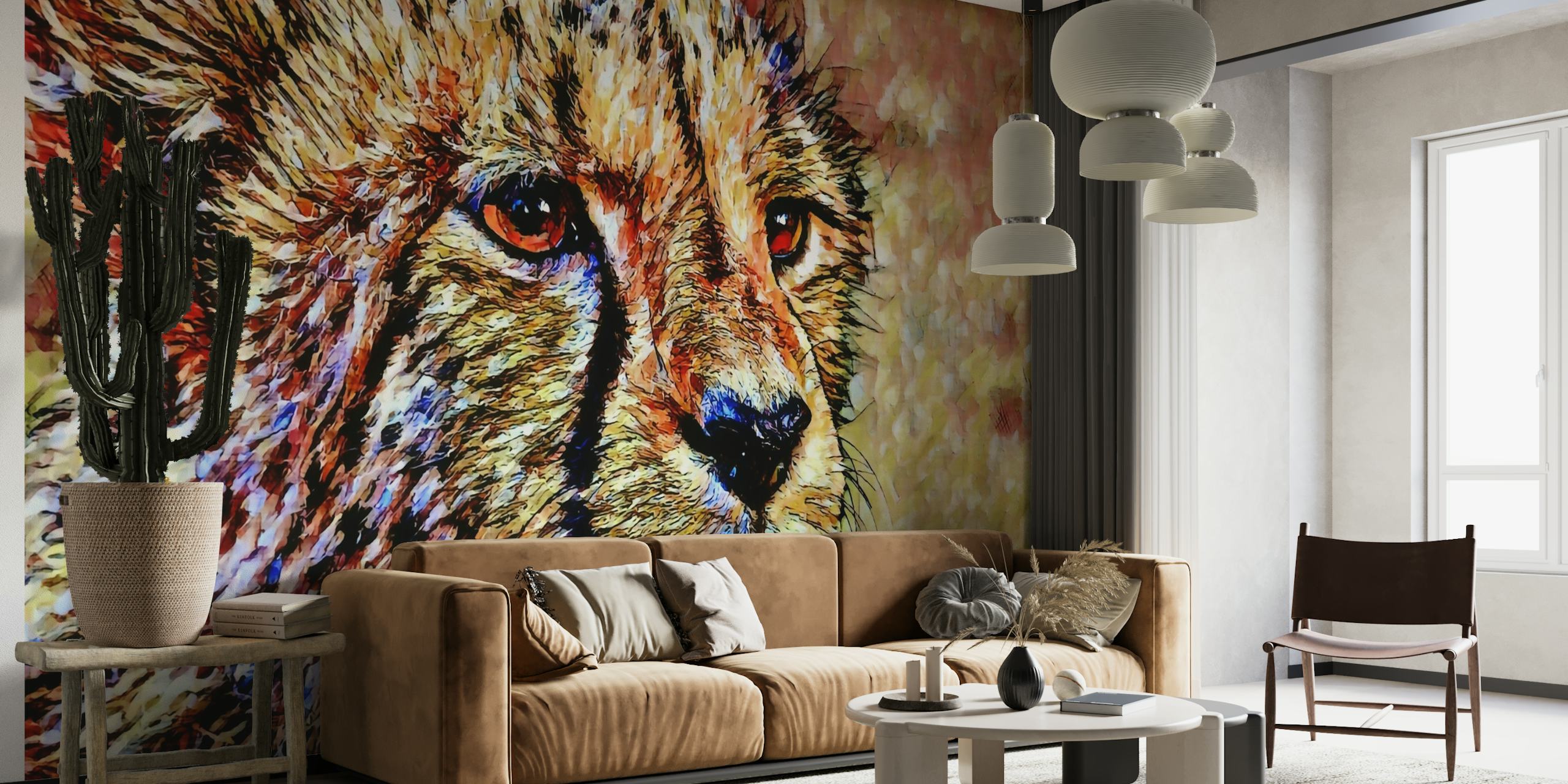 Konstnärlig cheetah tapet med färgglada, texturerade penseldrag