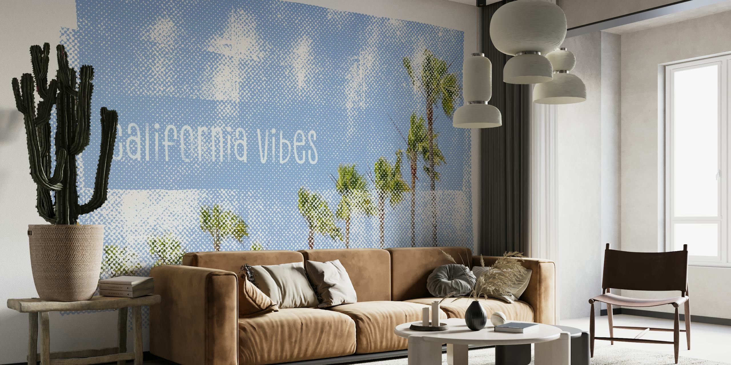 Kunstnerisk californisk palmetræ vægmaleri med abstrakt blå tekstur