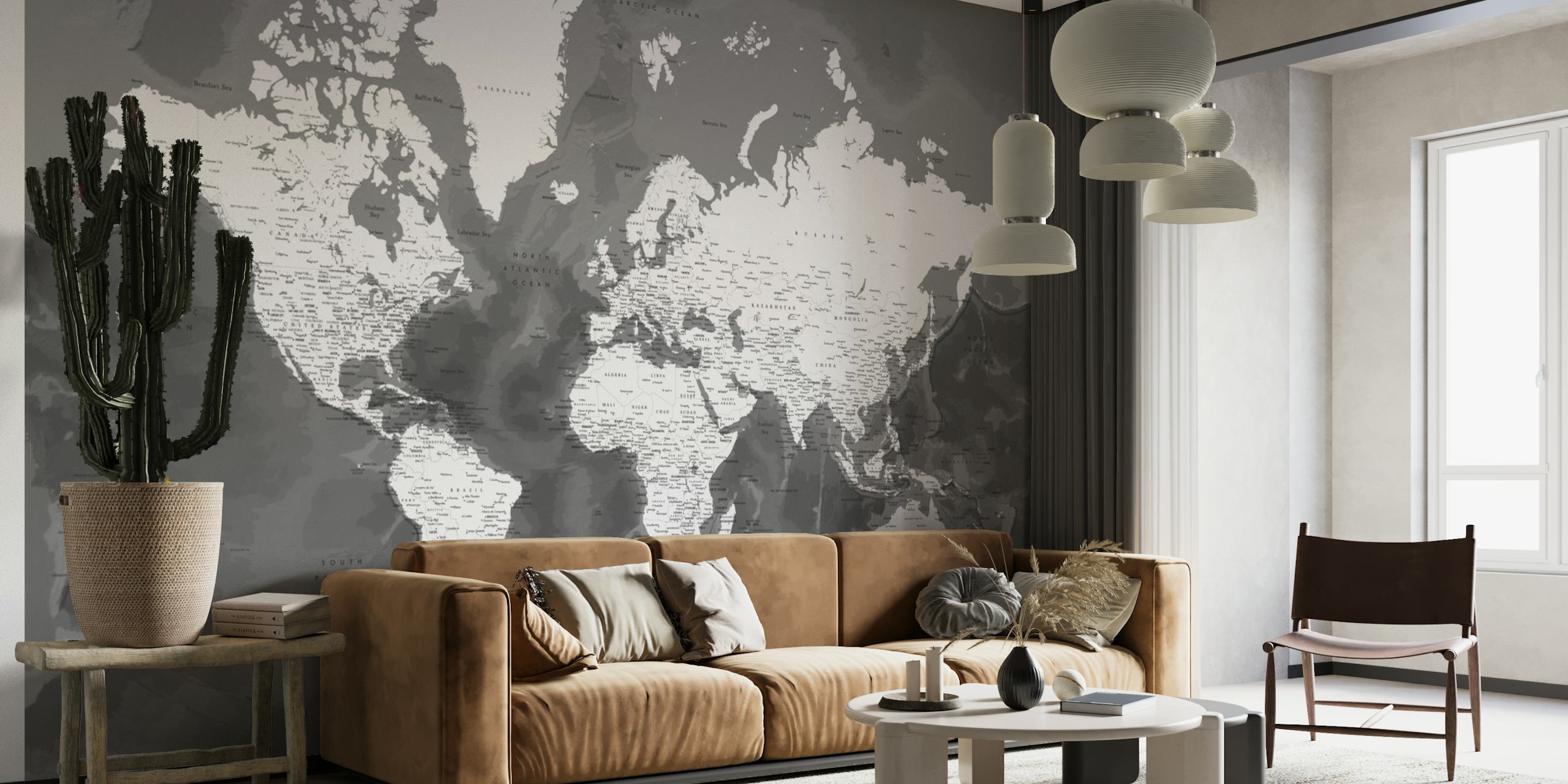 Grayscale Detailed World Map Olson Wall Mural