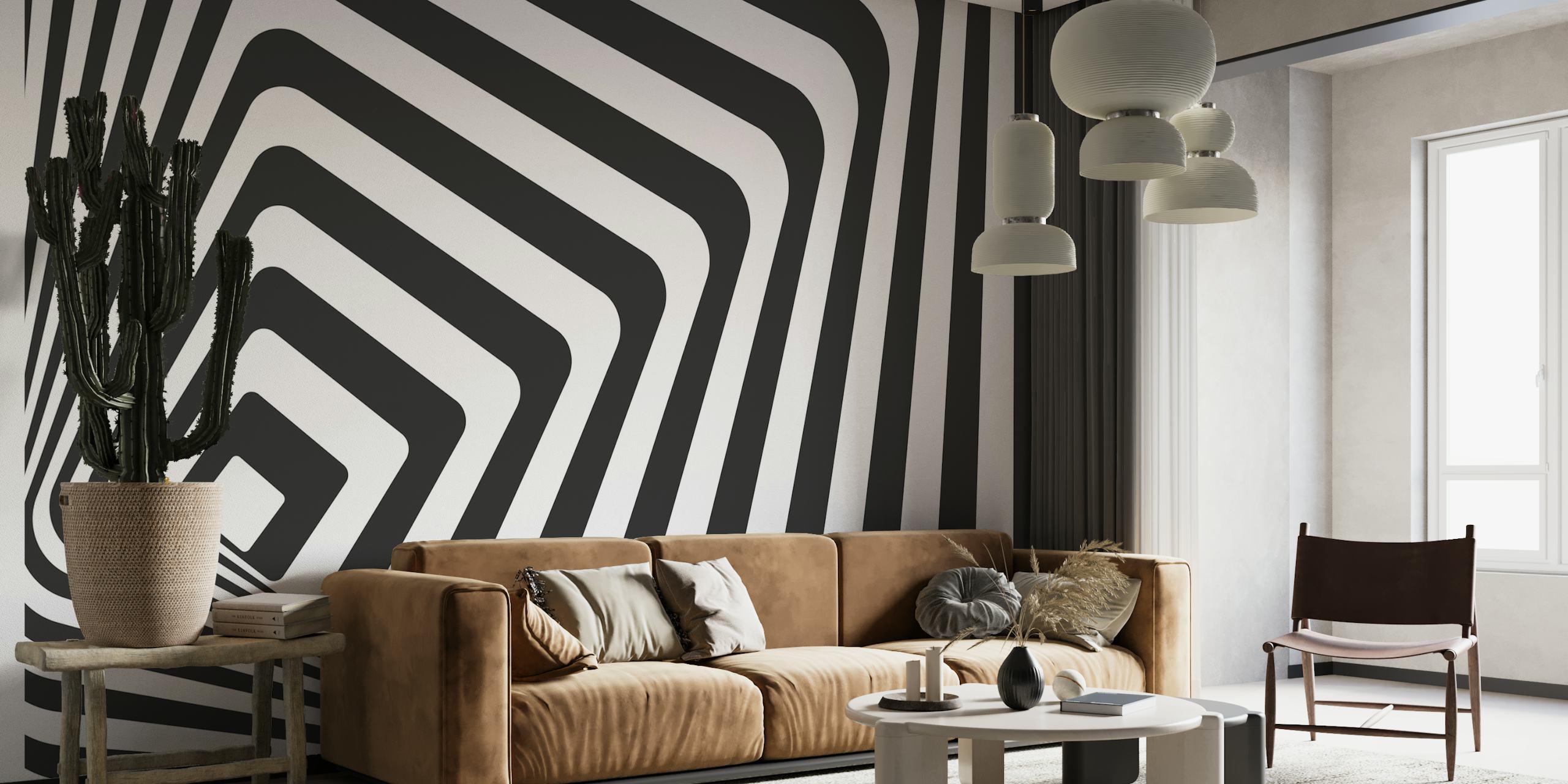 Mural de parede 3D Op-Art em preto e branco com design de ilusão de ótica