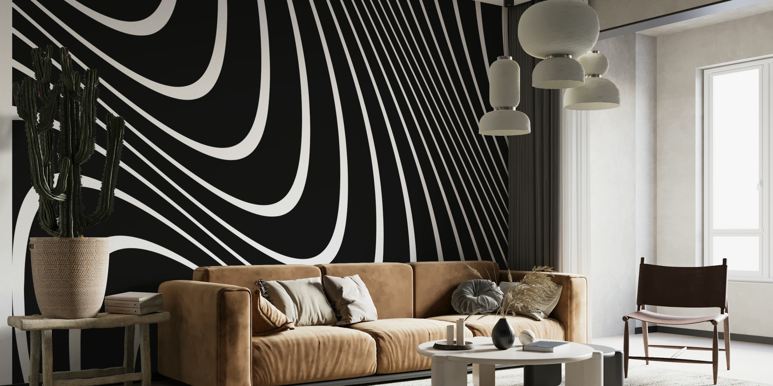 Peinture murale abstraite de lignes noires et blanches pour une décoration murale moderne