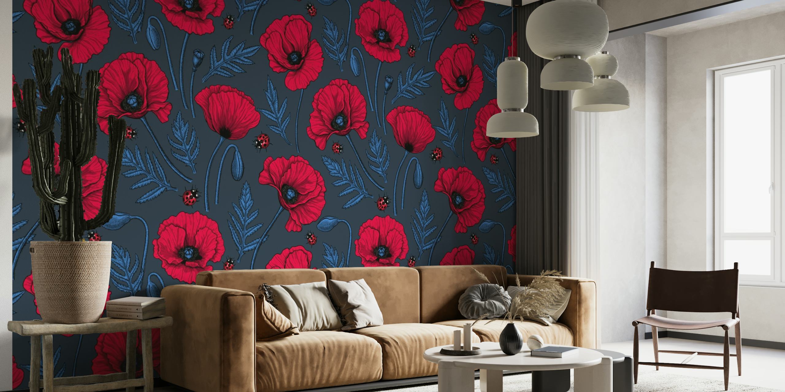 A vibrant wall mural featuring red poppies with ladybugs on a blue background.