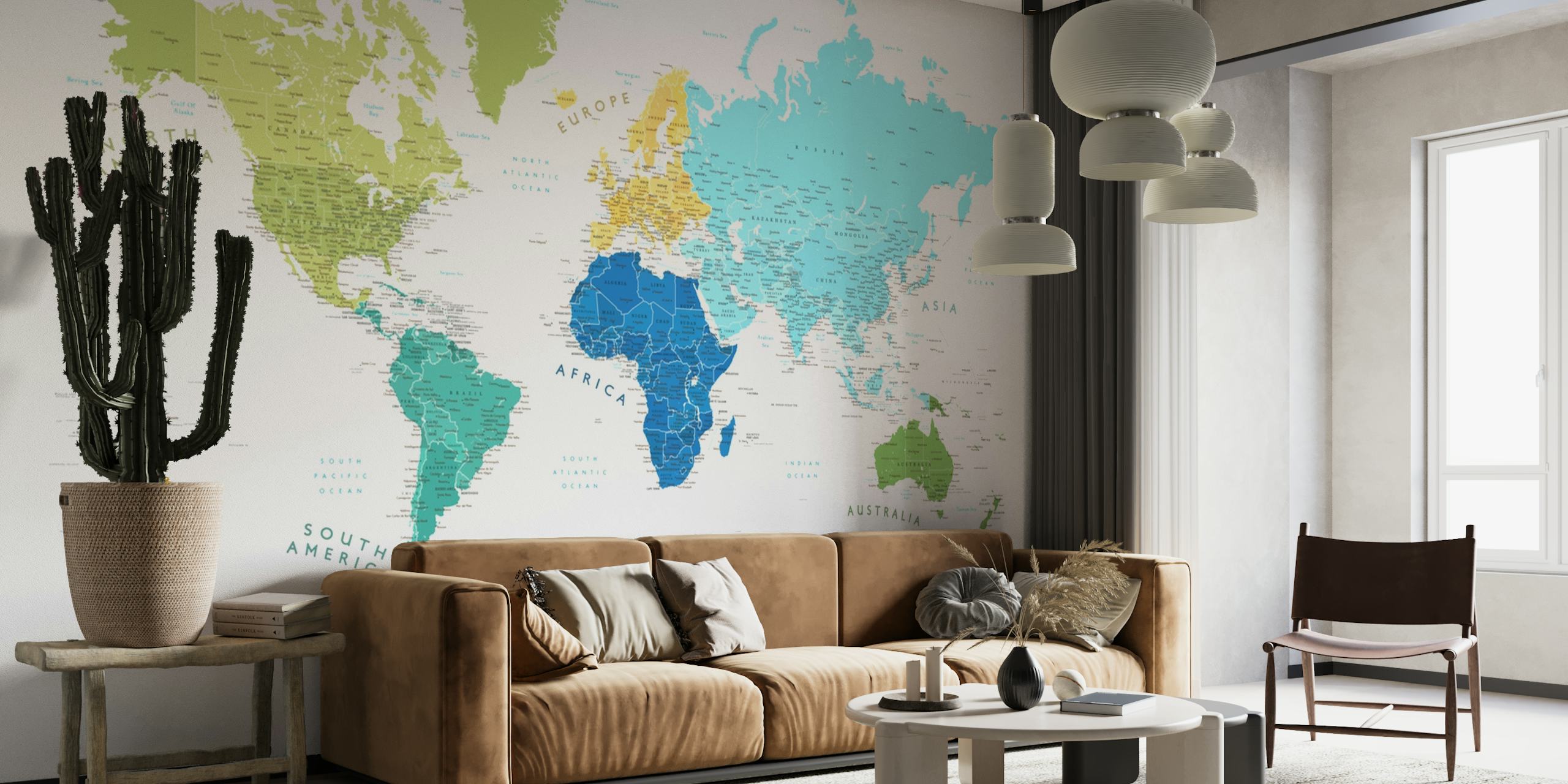 Mural colorido e detalhado do mapa do mundo Elisenda da Happywall