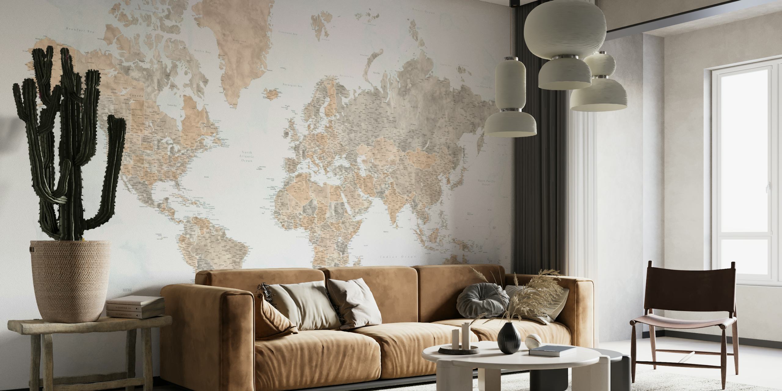 yksityiskohtainen vintage maailmankartan seinämaalaus maansävyillä