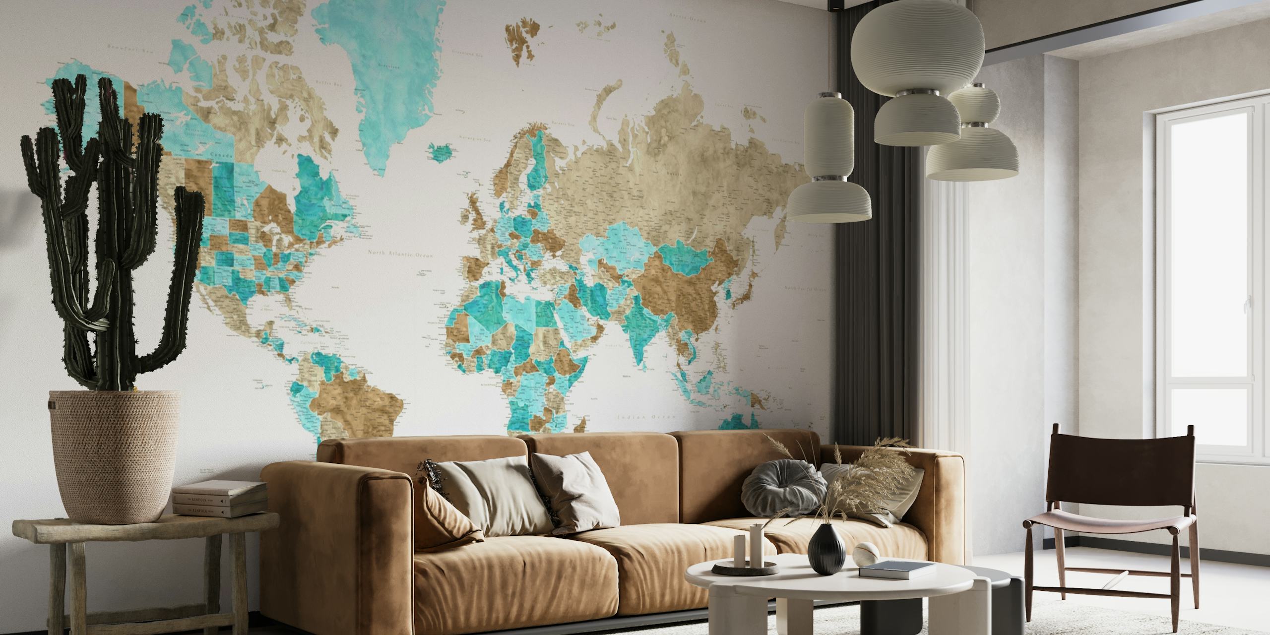 Yksityiskohtainen maailmankartta maanläheisillä sävyillä ja turkoosilla kohokohtia seinämaalauksella