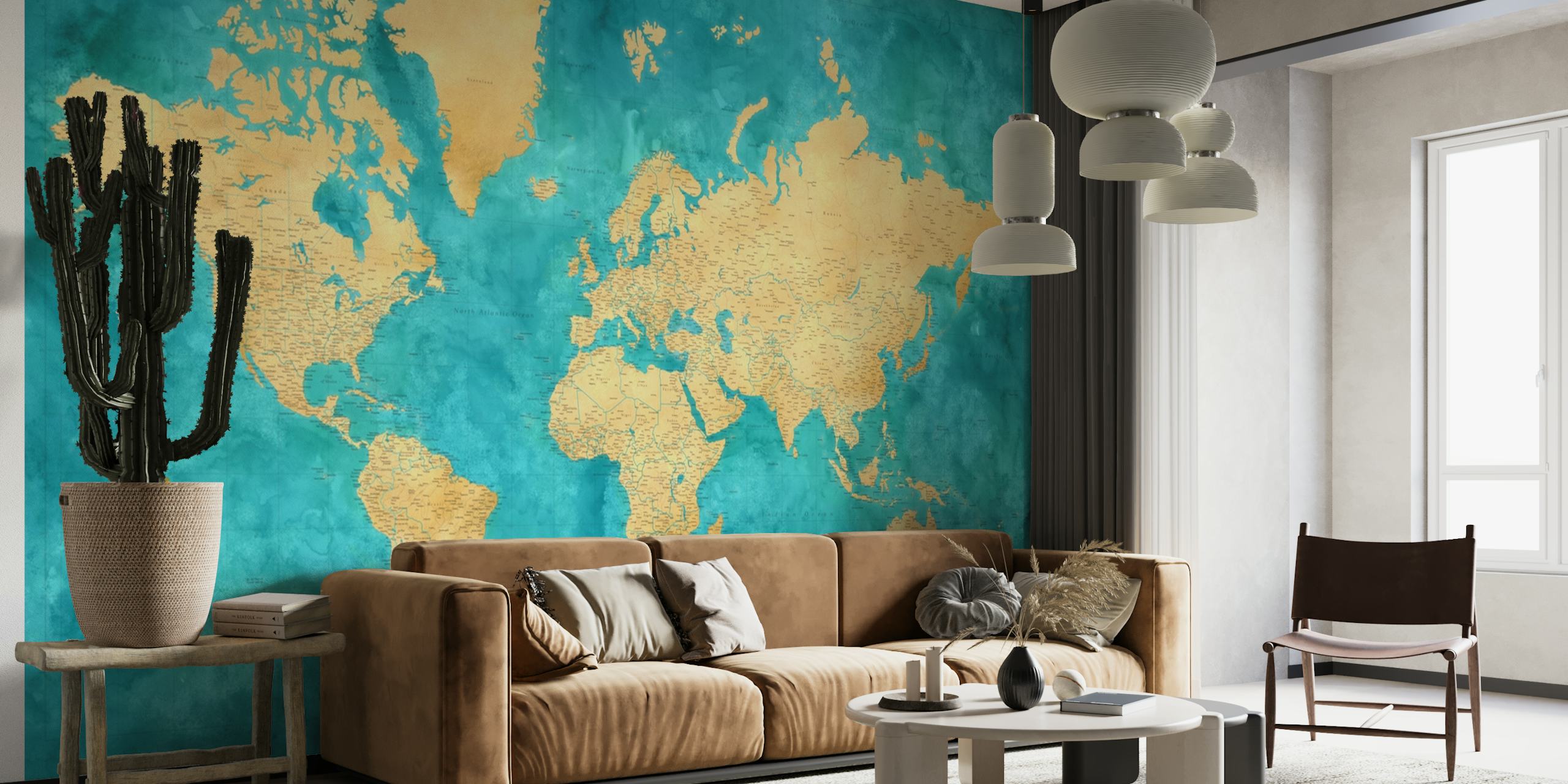 Erittäin yksityiskohtainen maailmankartta Lexy-seinämaalaus turkoosilla akvarellitaustalla