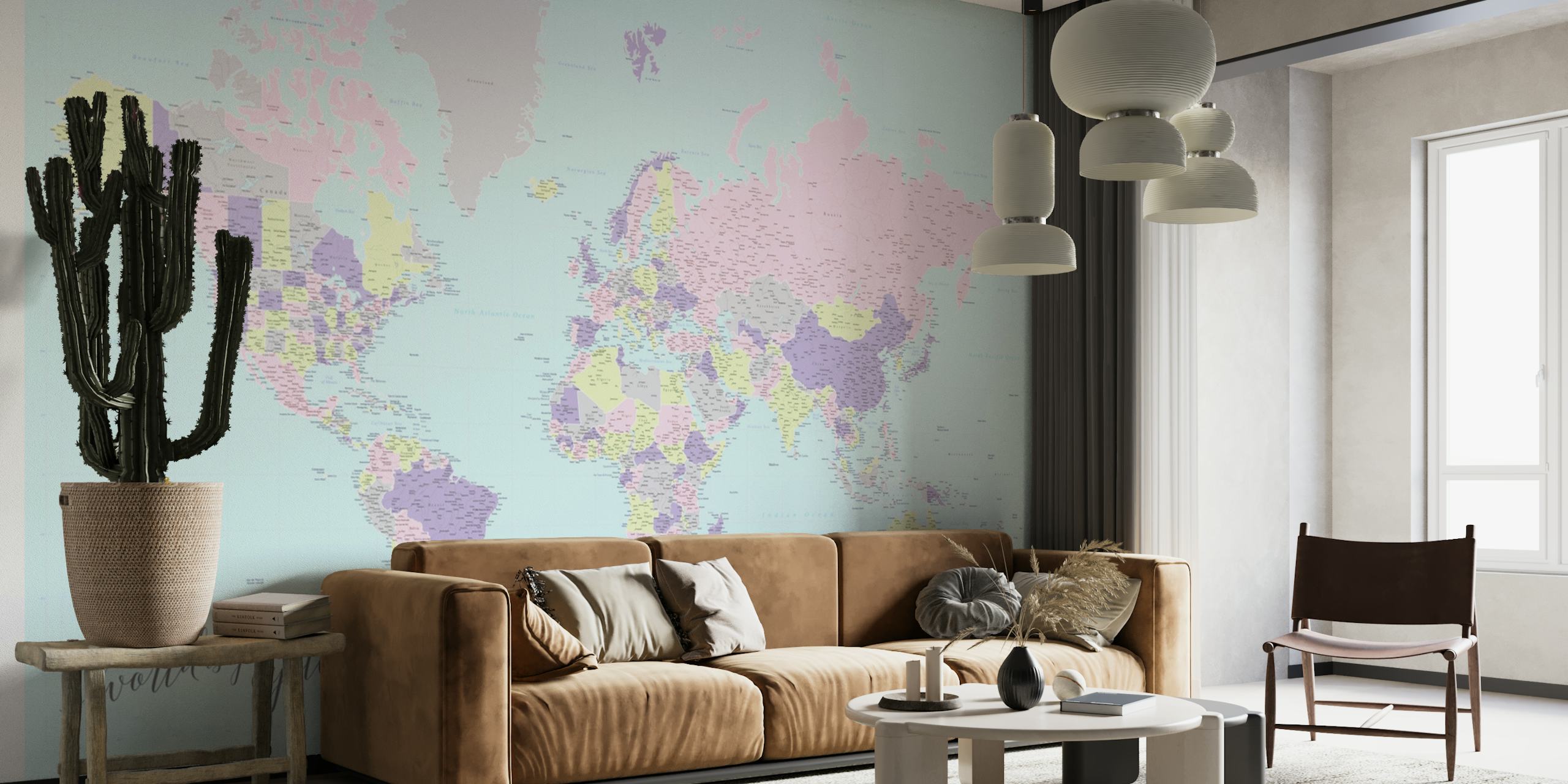 Papier peint Hatsu de la carte du monde d'huîtres aux couleurs pastel avec des représentations artistiques du continent