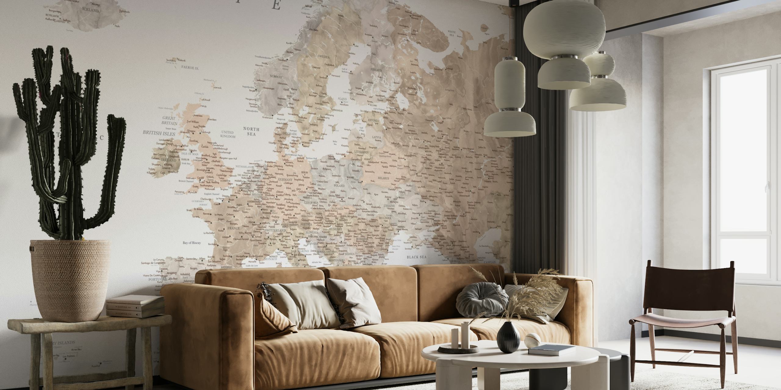 Europe map wall mural with detailed country borders and geographical features