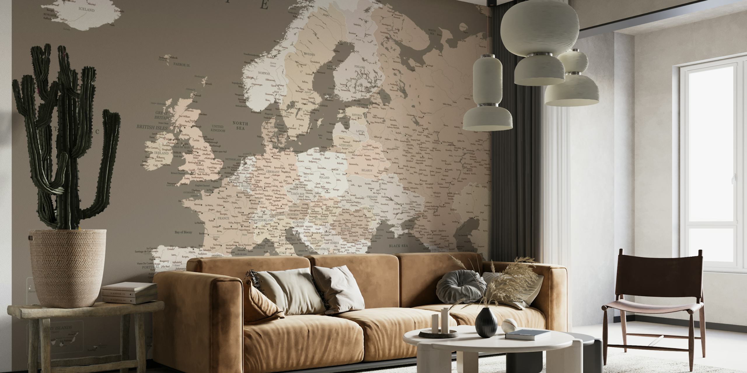 Detailed Europe map Earthtones behang