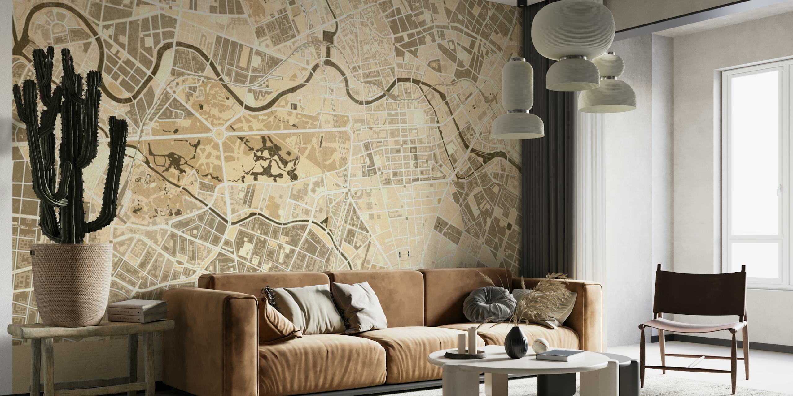 Sepia-toned vintage map of Berlin wall mural