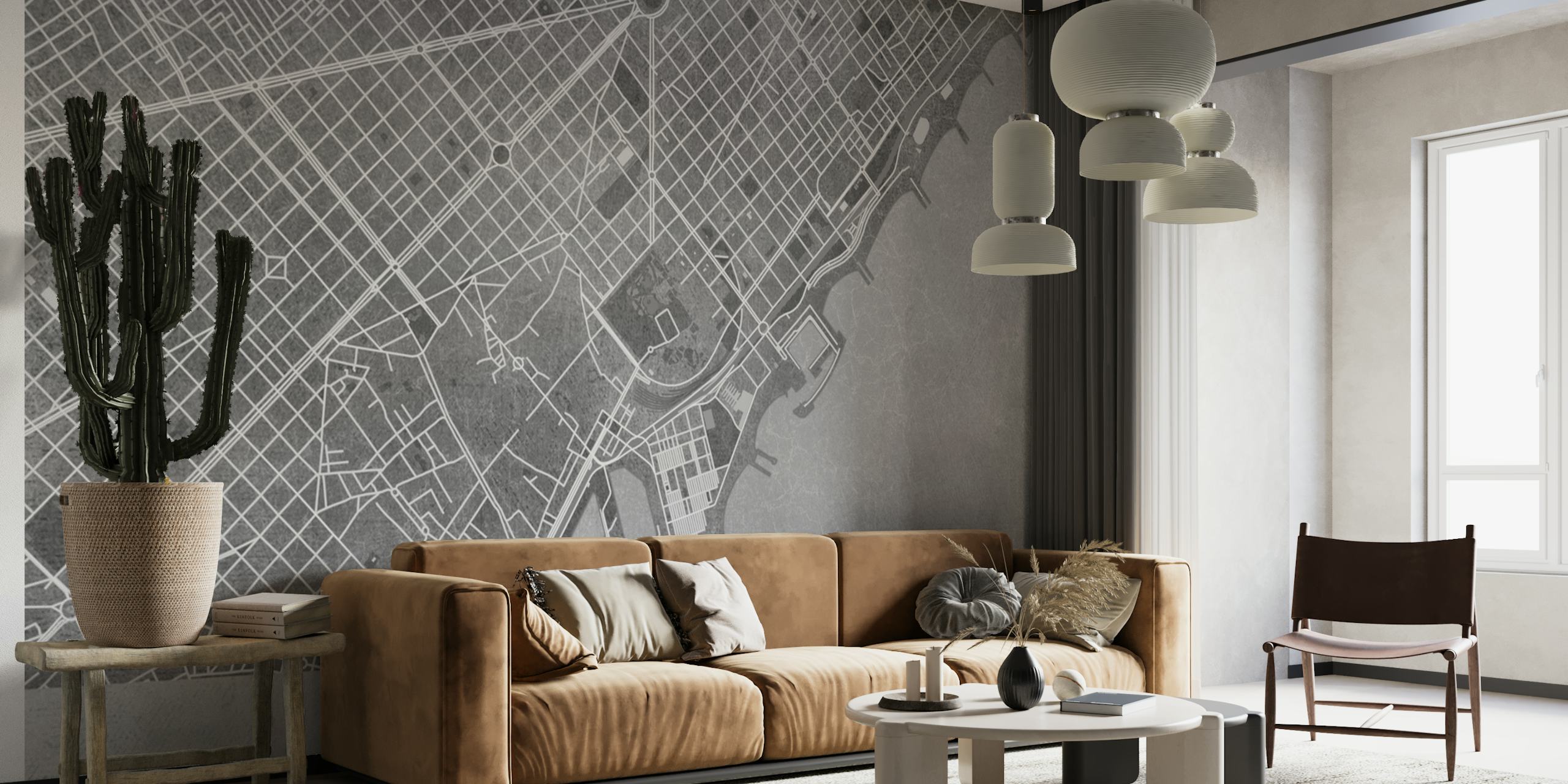 Gray vintage map Barcelona tapetit
