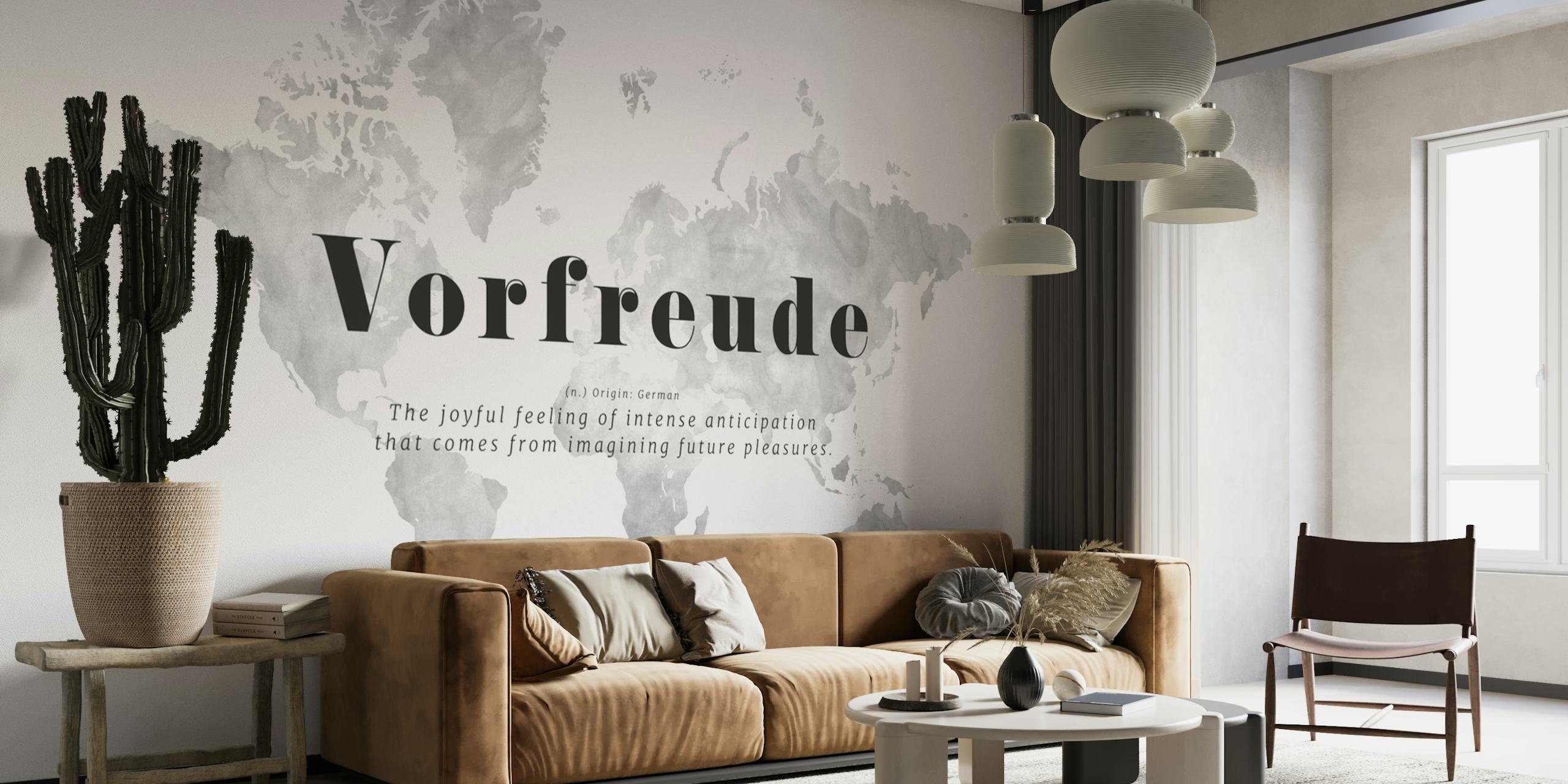 Vorfreude Weltkarte Wandbild in Graustufen mit Kontinenten beschriftet und einem fettgedruckten Titel