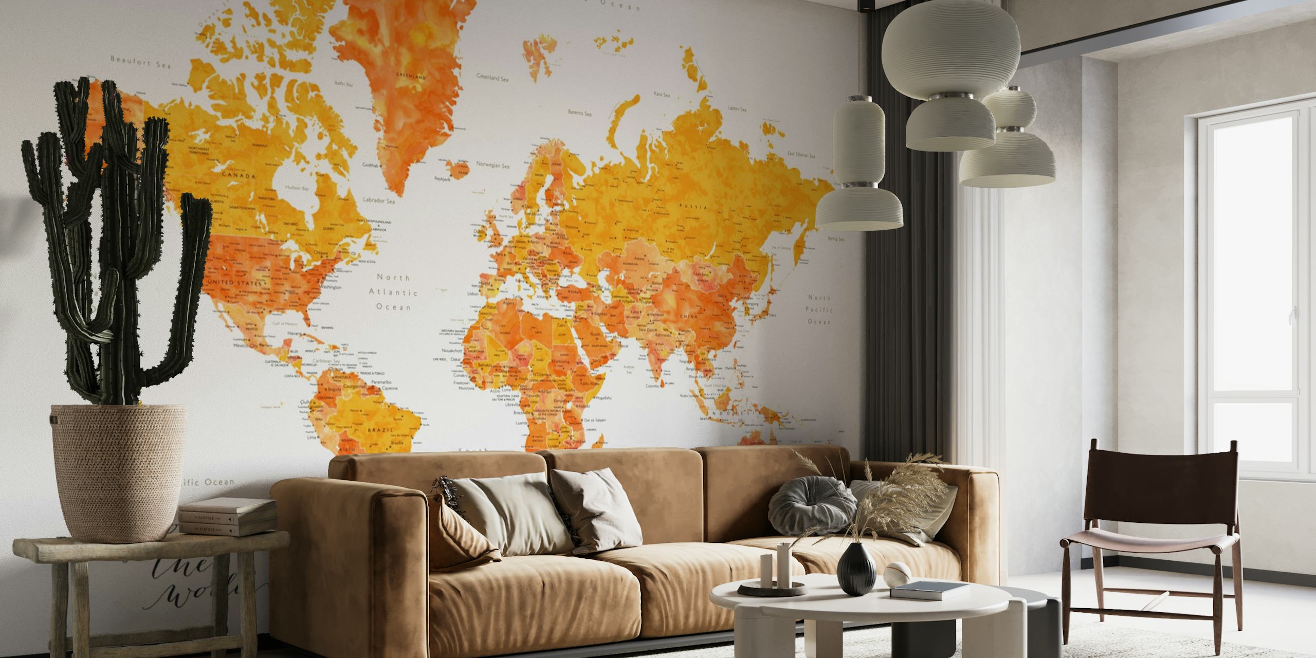 Oranssi ja keltainen maailmankartan seinämaalaus nimeltä "Explore the World Carlotta"