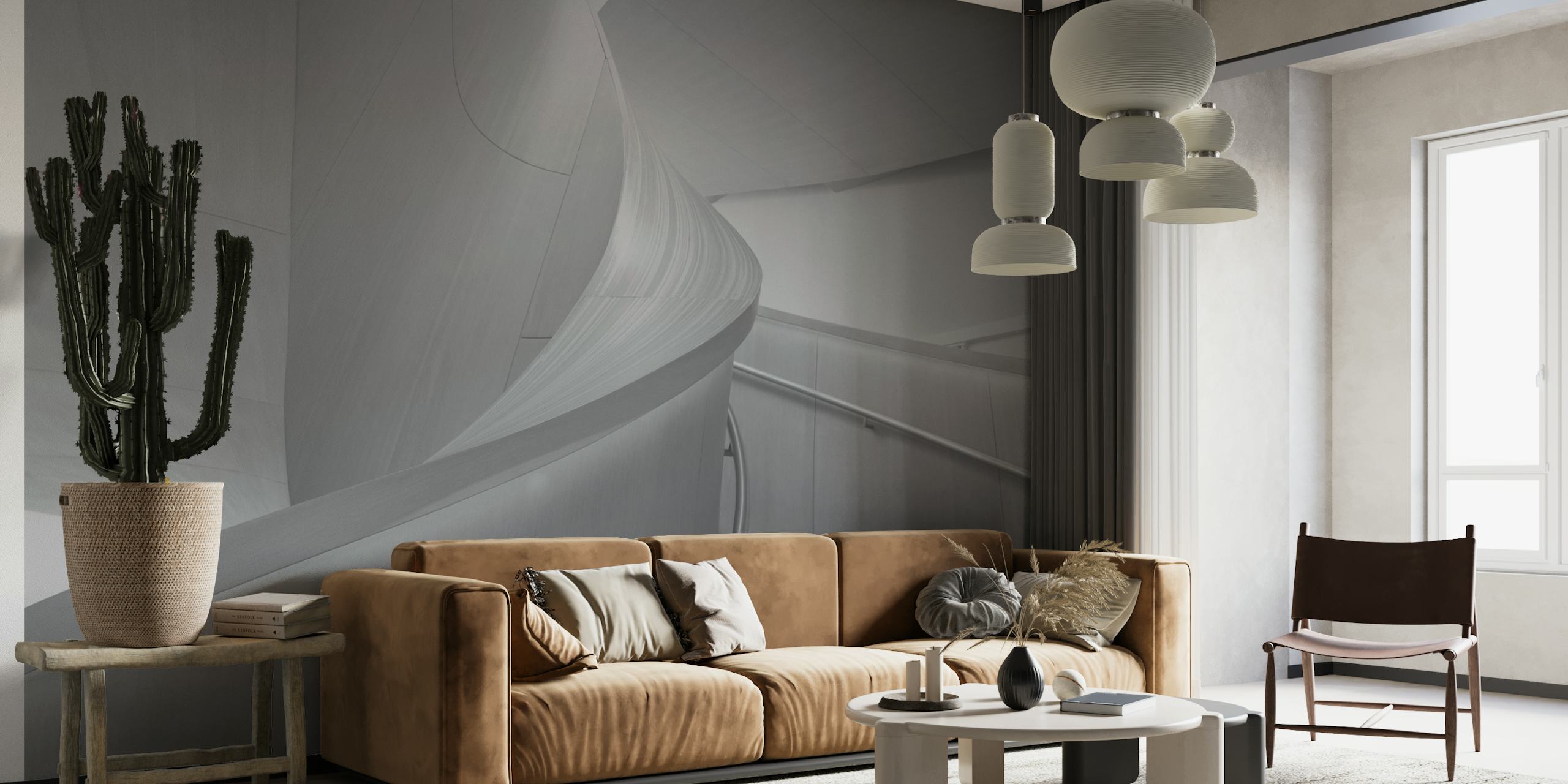 Mural de parede com linhas e curvas abstratas em tons de cinza transmitindo uma estética moderna