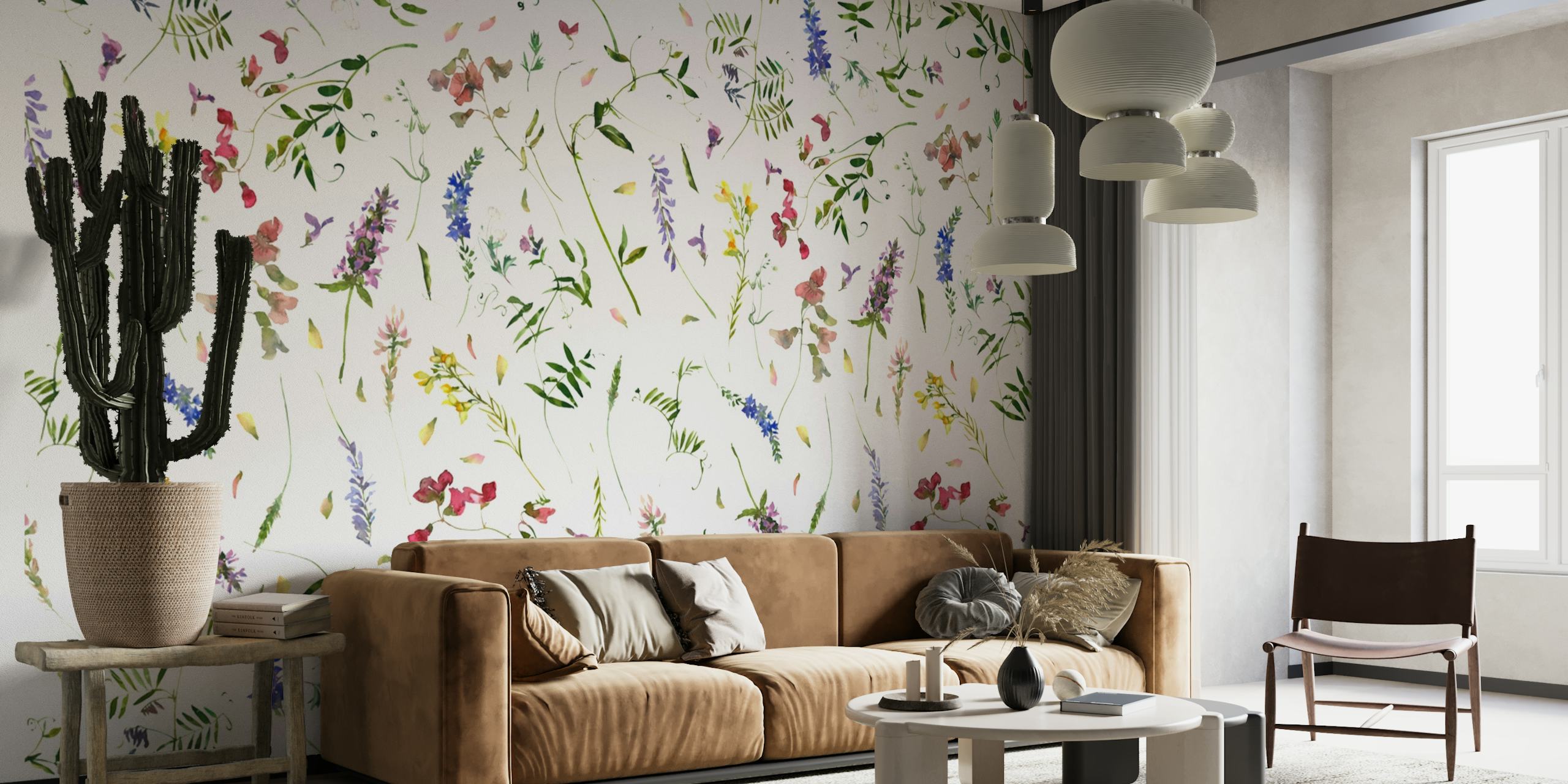 Ilustracija živopisnog zidnog murala na livadi s divljim cvijećem s raznim cvijećem na bijeloj pozadini.
