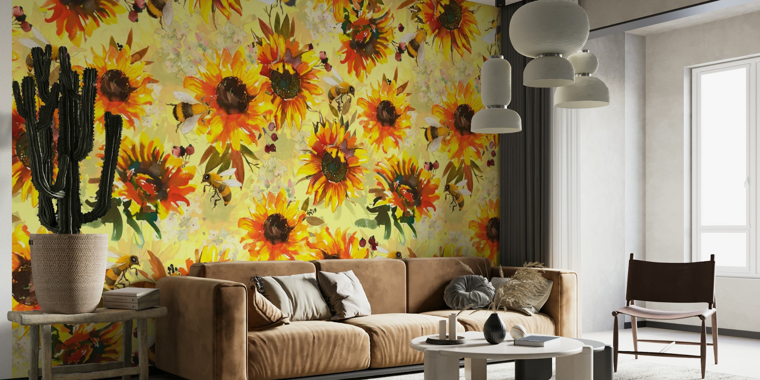 Auringonkukat ja mehiläiset kuvio seinämaalauksessa, jossa on kirkas, kesäinen tunnelma.
