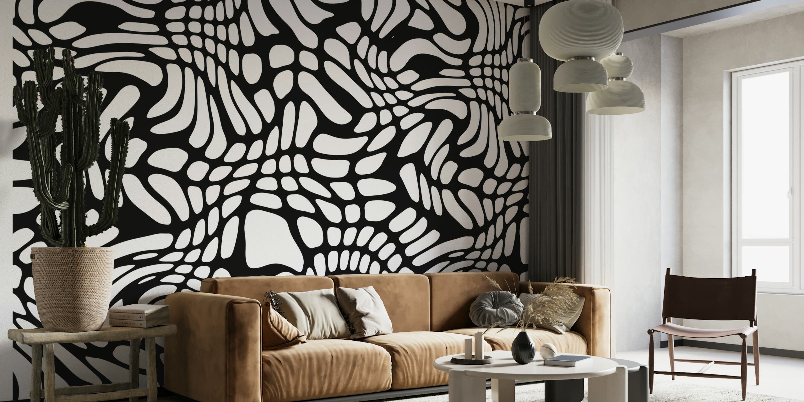 Zwart-witte abstracte vormen muurschildering voor een modern interieur
