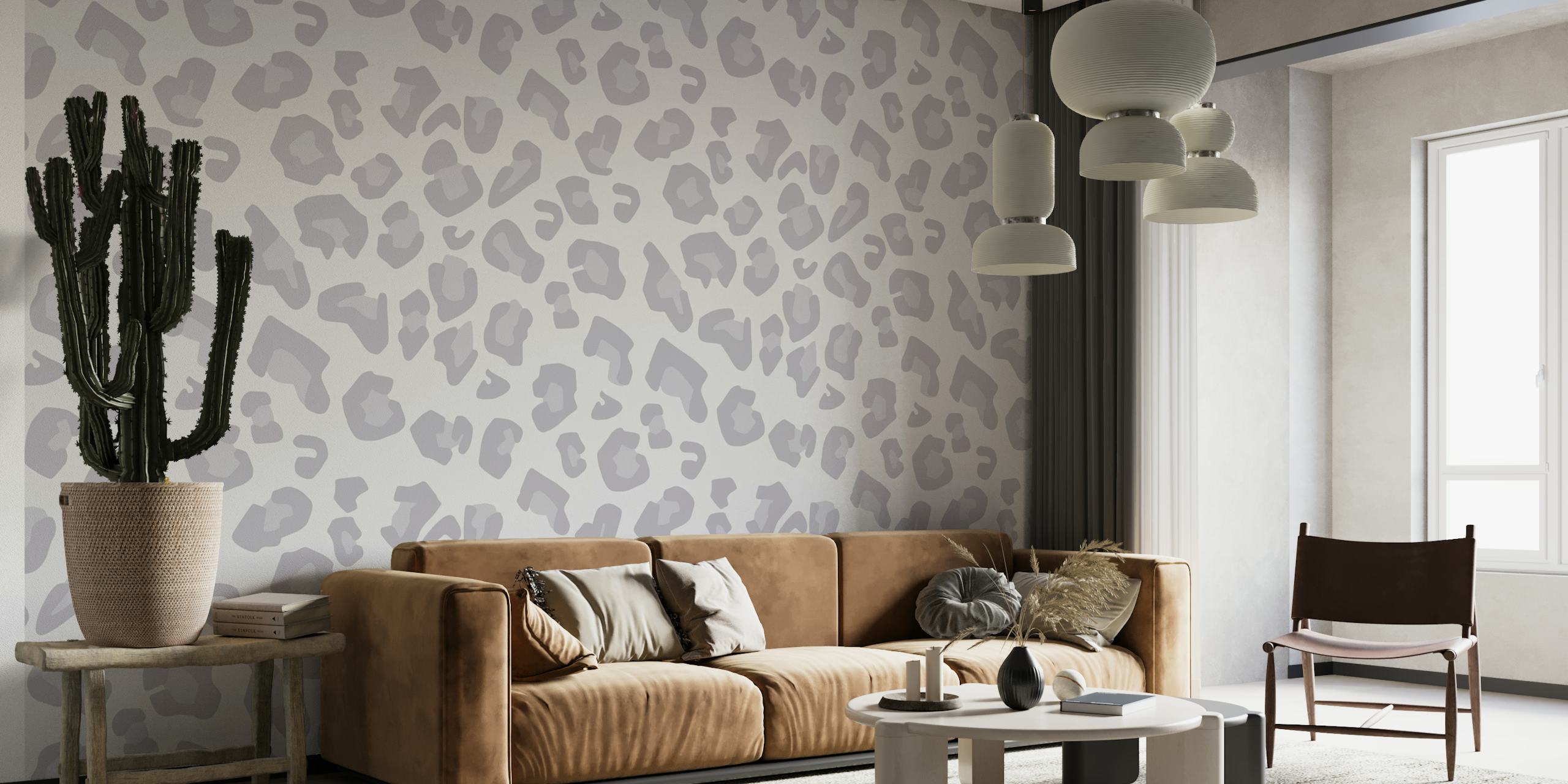 Moderni leopardikuvioinen vaaleanharmaa seinämaalaus, jossa on hienostunut ja hienostunut muotoilu