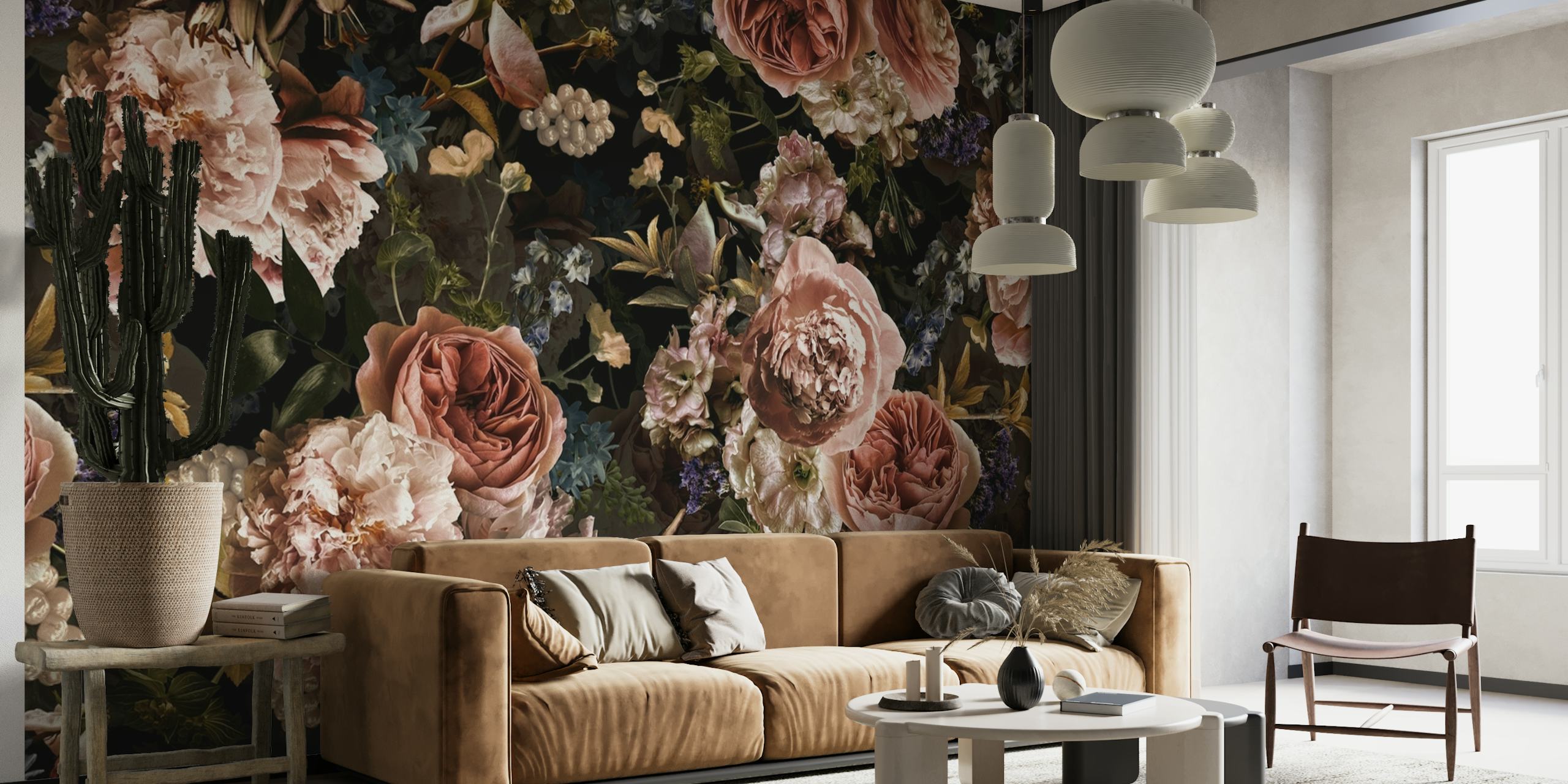 Baroque style roses and foliage on a dark background wall mural