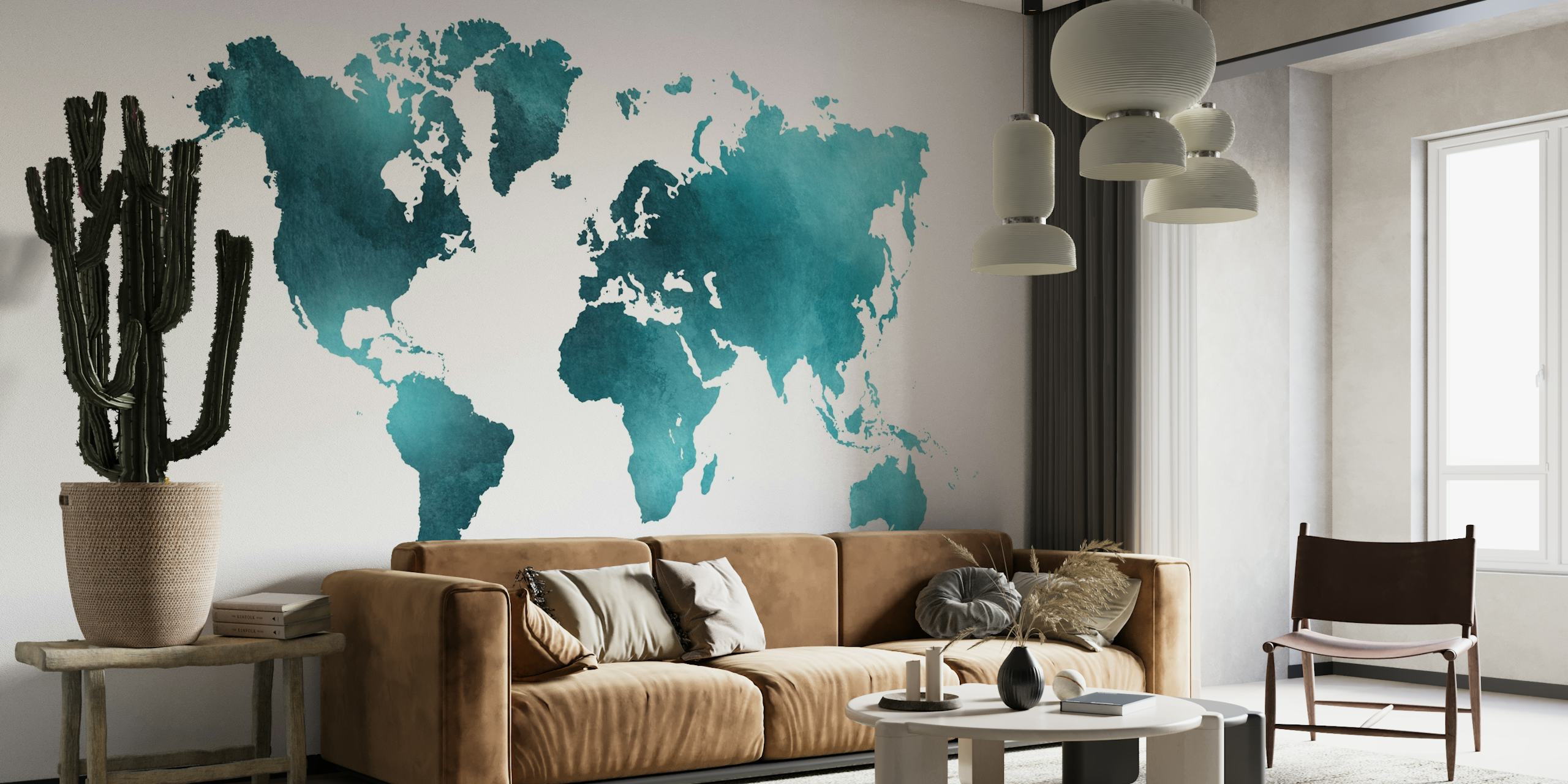 Fototapete mit blaugrüner und türkisfarbener Weltkarte
