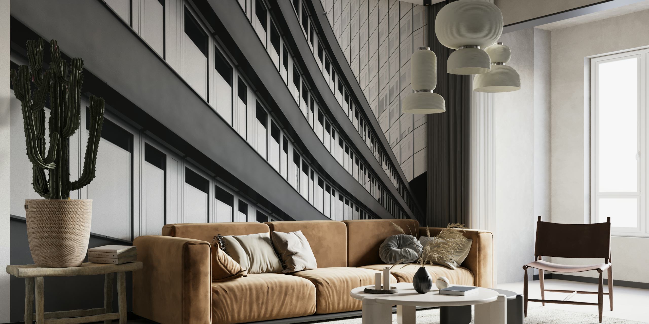 Mustavalkoinen seinämaalaus, jossa on työpaikkarakennuksen moderneja arkkitehtonisia linjoja