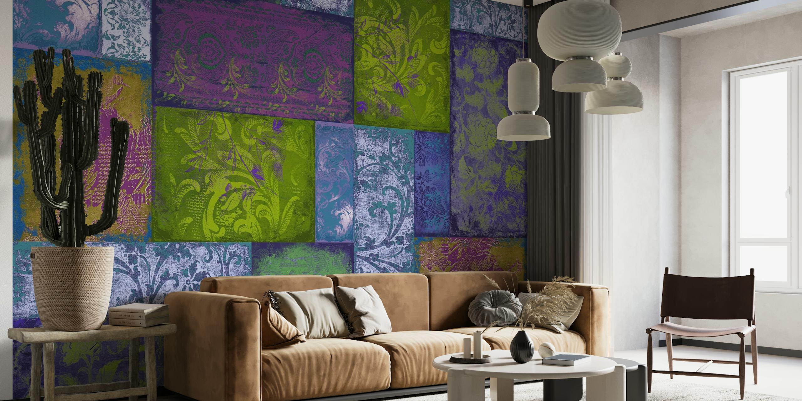 Farverigt boheme patchwork-vægmaleri med indviklede designs og teksturer