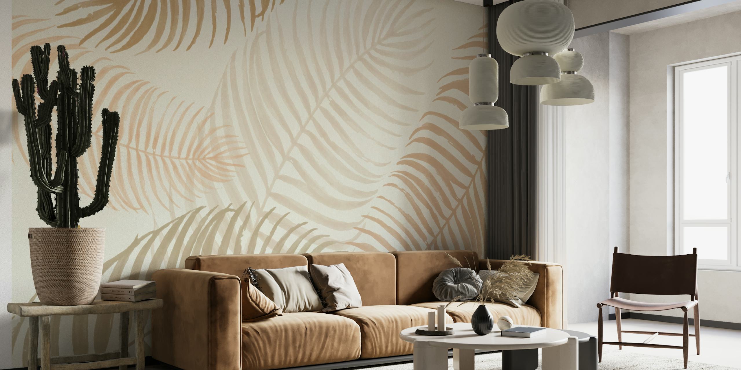 Neutral Palm Leaves Wall Mural with soft beige and off-white tones