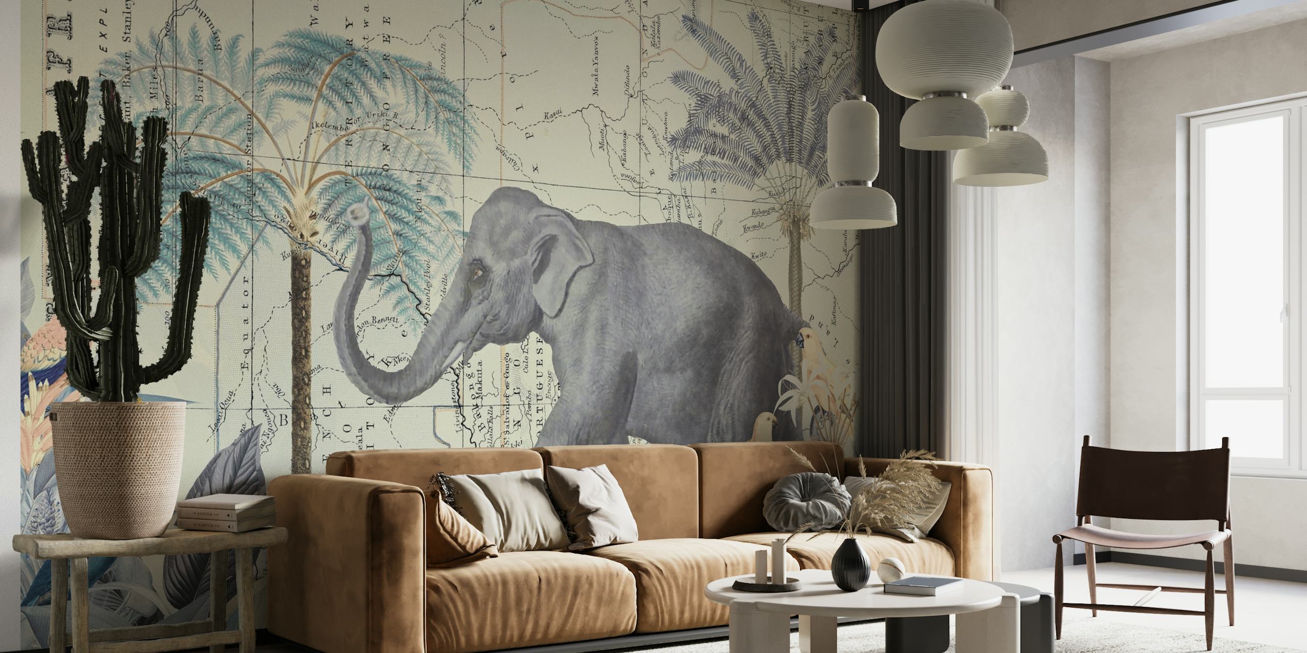 Elefant går gennem tropiske planter på et detaljeret vægmaleri