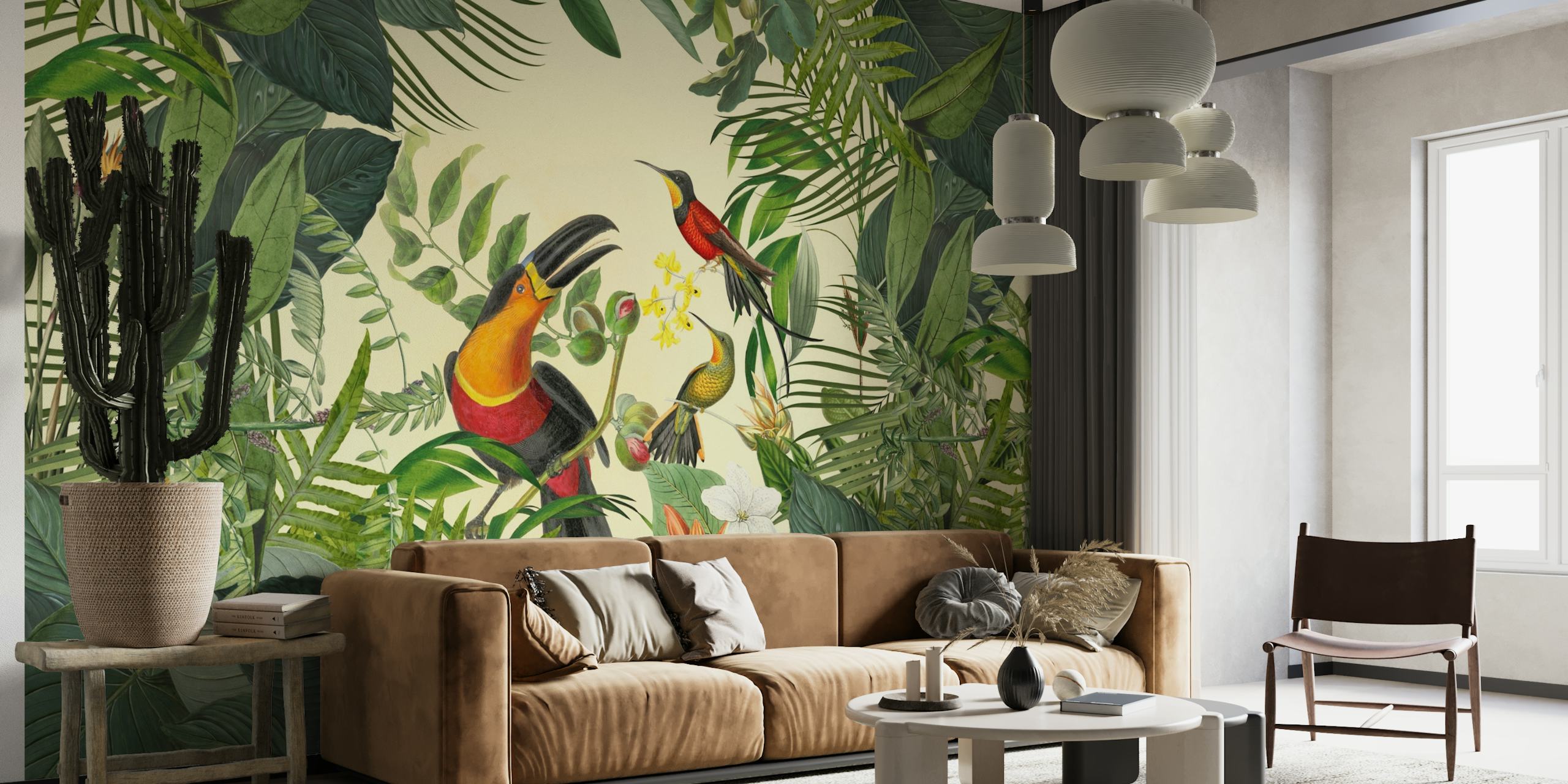 Tropical toucans amidst green foliage wall mural for home decor