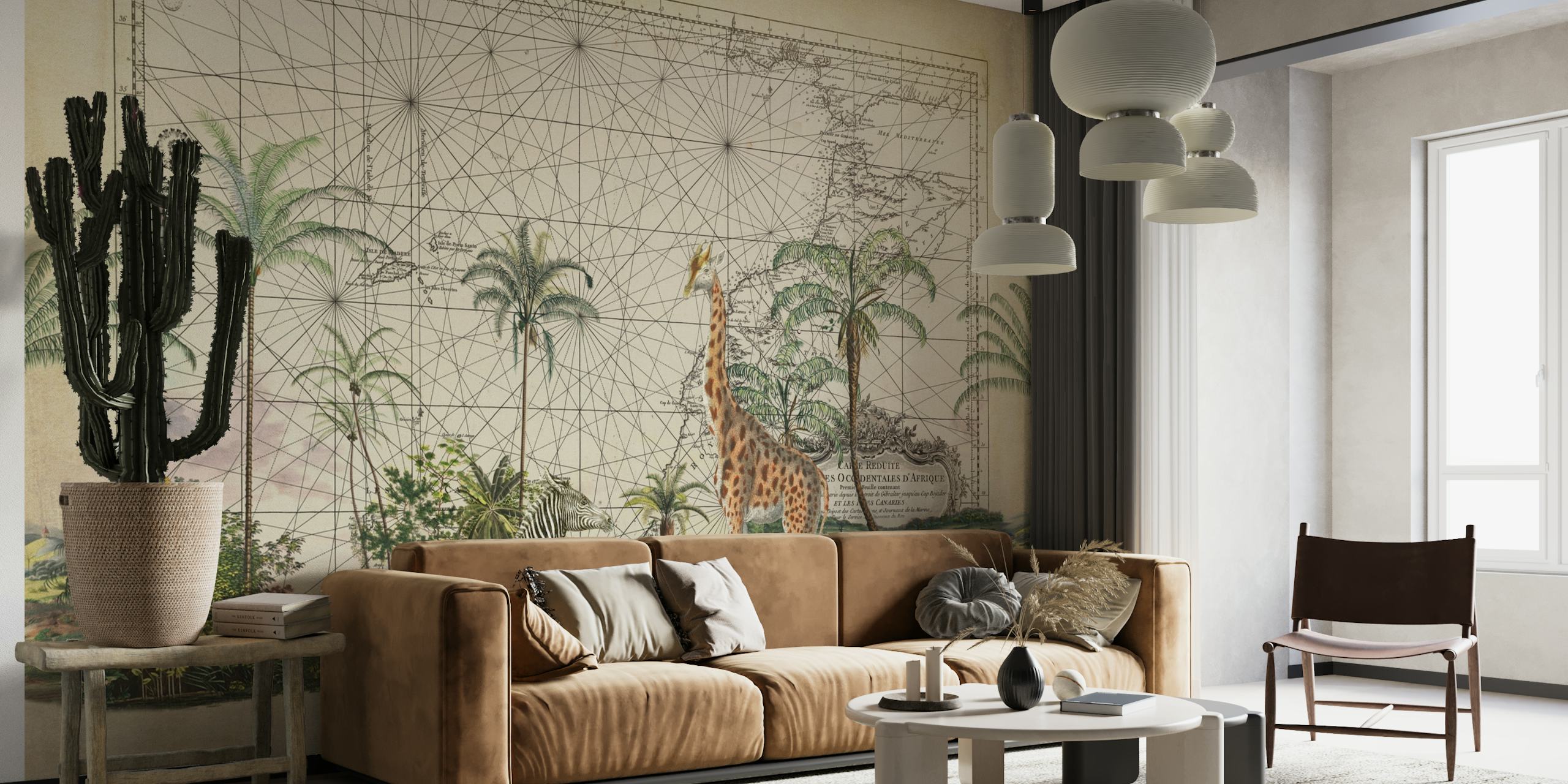 Explore Africa wall mural featuring giraffe, zebra, palm trees, and vintage map