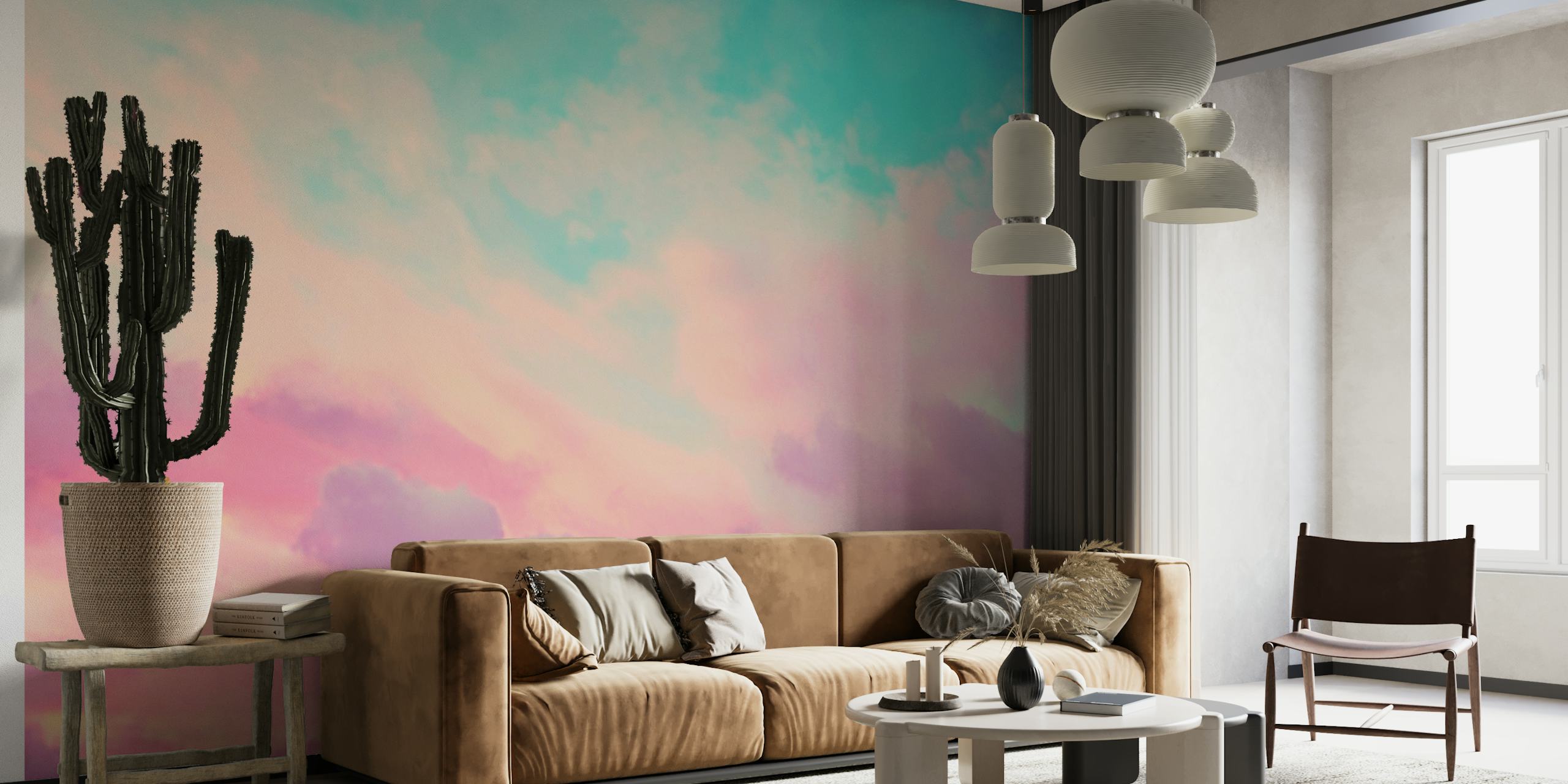 Pastel sky wall mural with soft blues and pinks resembling a serene dusk