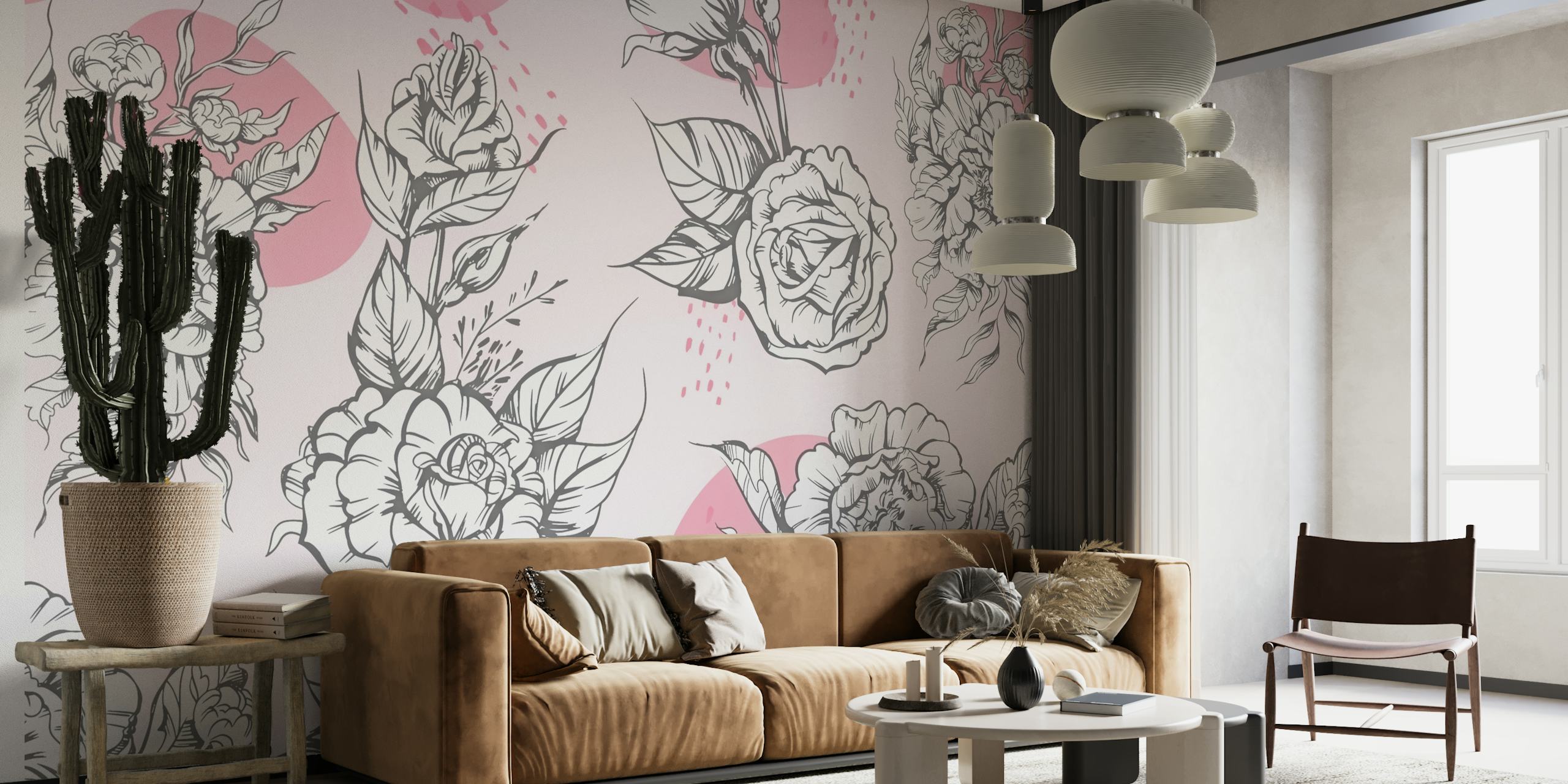 Elegant white peonies with detailed sketches over a pastel pink background wall mural.