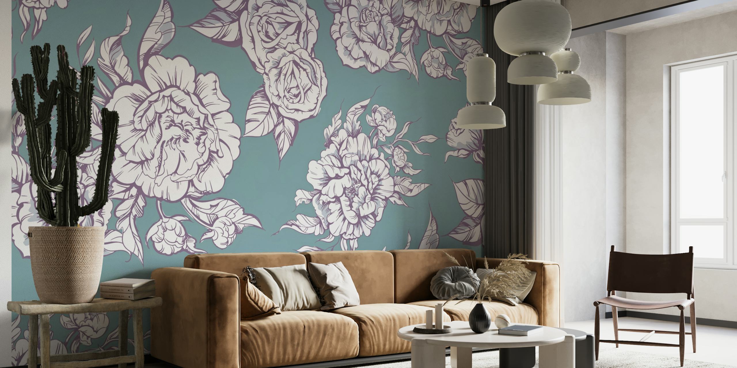 Elegant peonies wall mural with a teal background