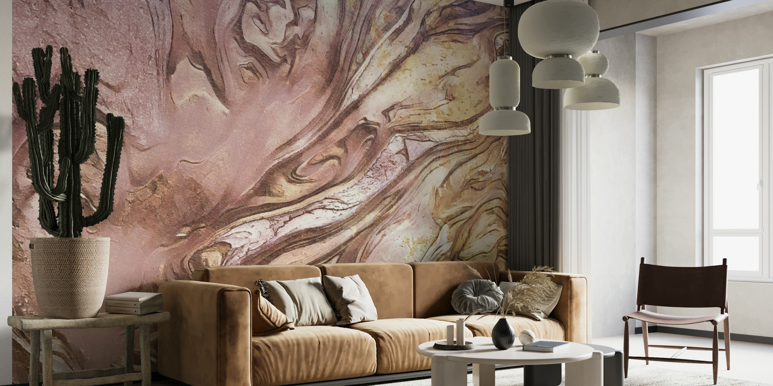 Fotomural vinílico de parede com redemoinhos em blush e dourado criando uma textura semelhante a um líquido