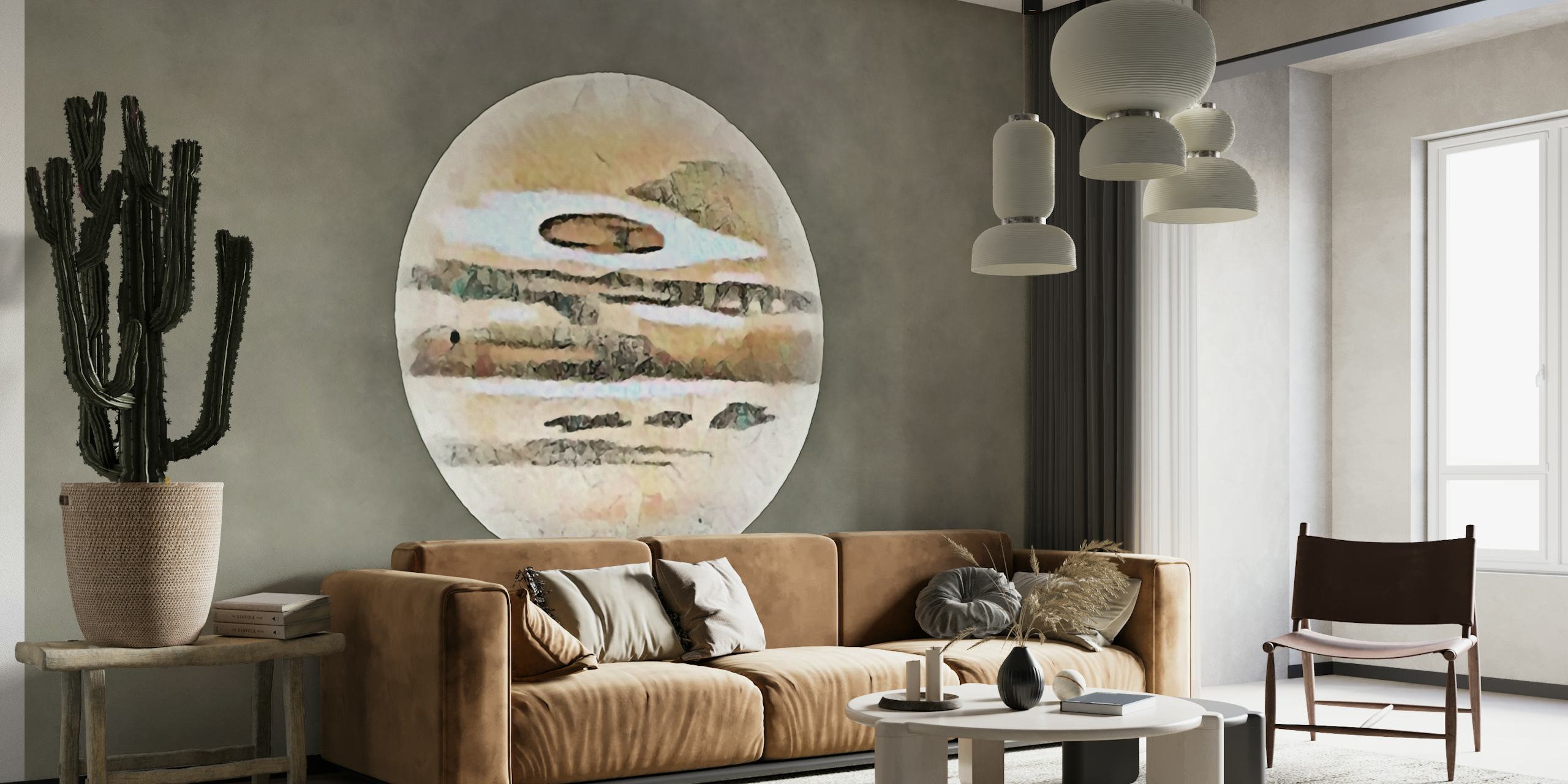 Pastelfarvet planet i rummet vægmaleri på en grå baggrund