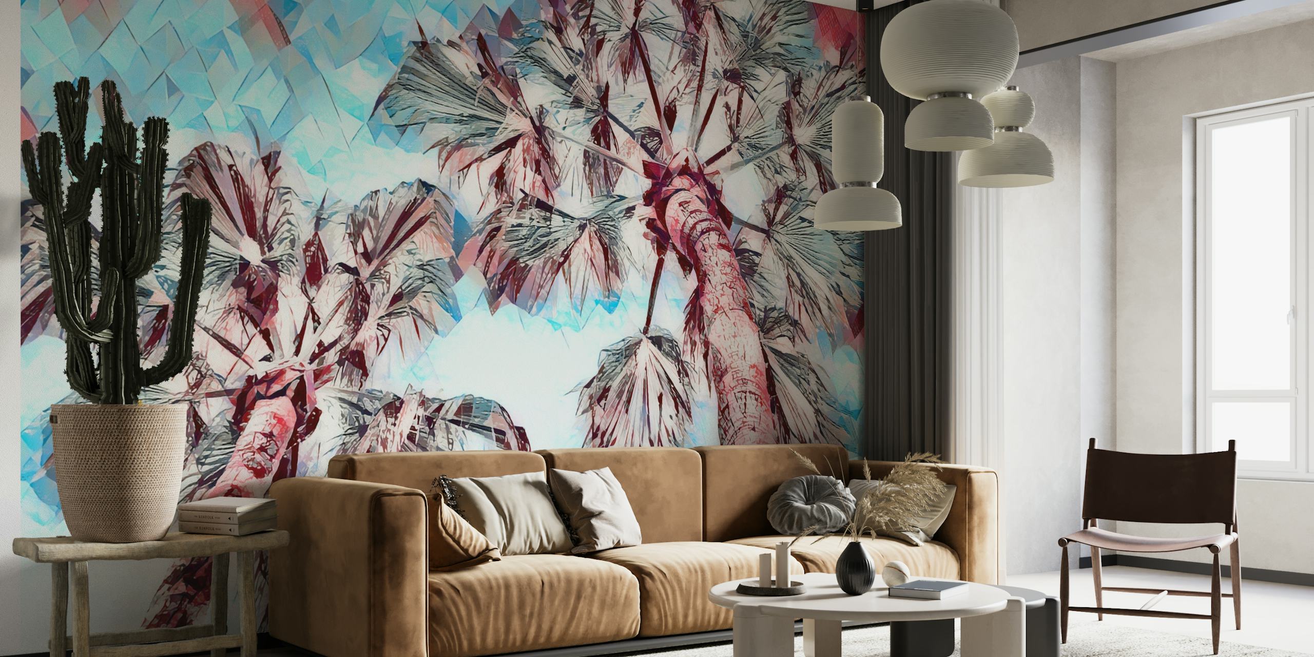 Bright Blue Pink Palm Forest papel de parede