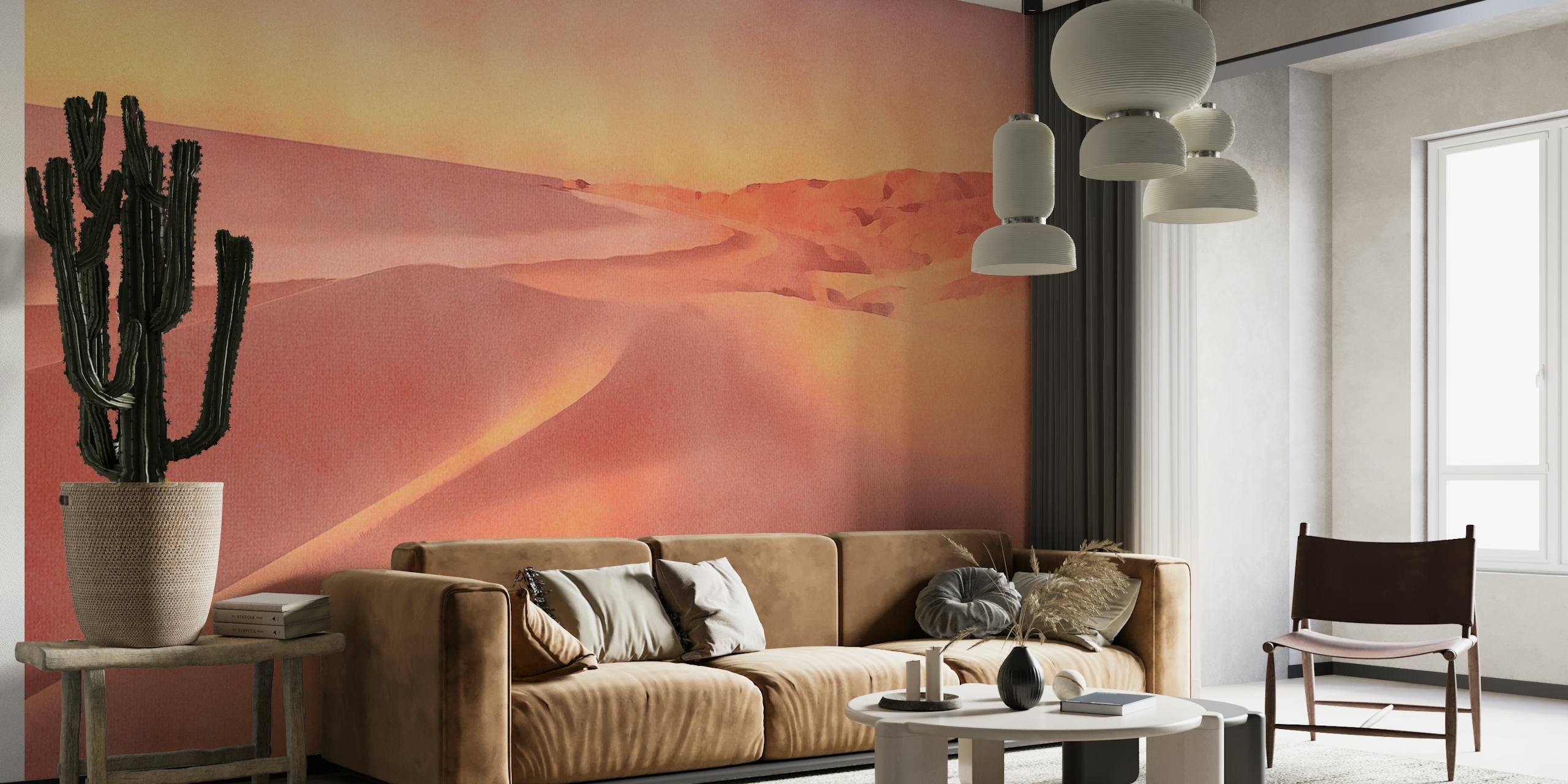 Zachtroze en oranje tinten van een muurschildering in een rustig woestijnlandschap