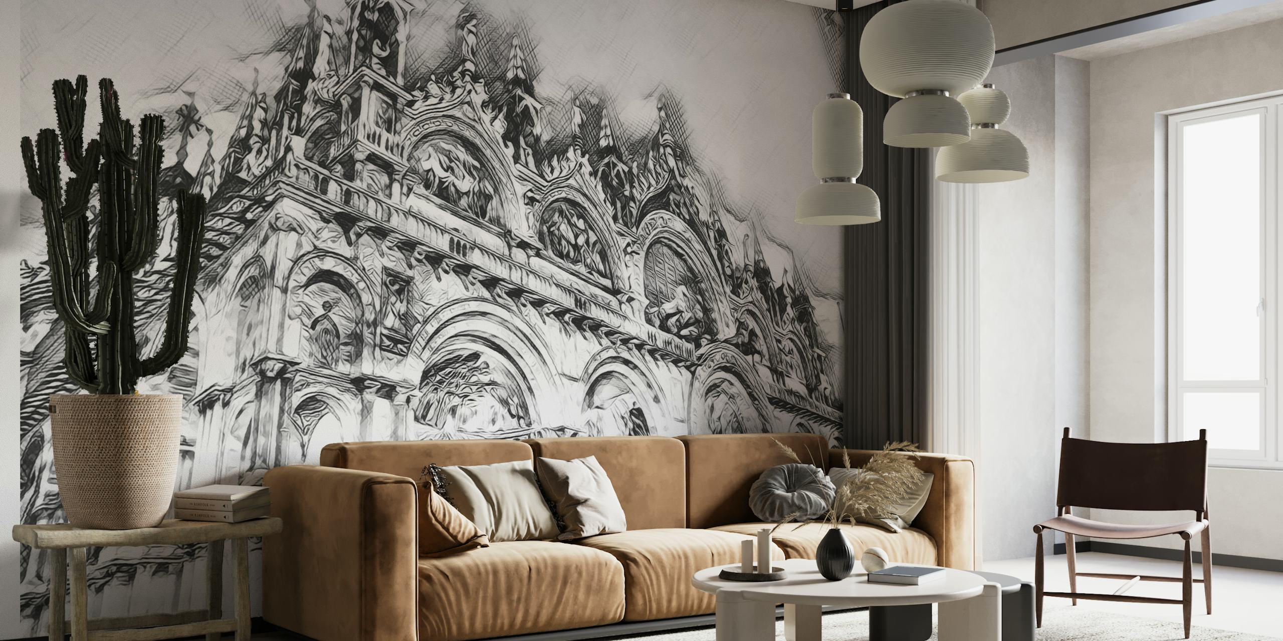 Sort og hvidt vægmaleri af Venedigs katedral med indviklede detaljer
