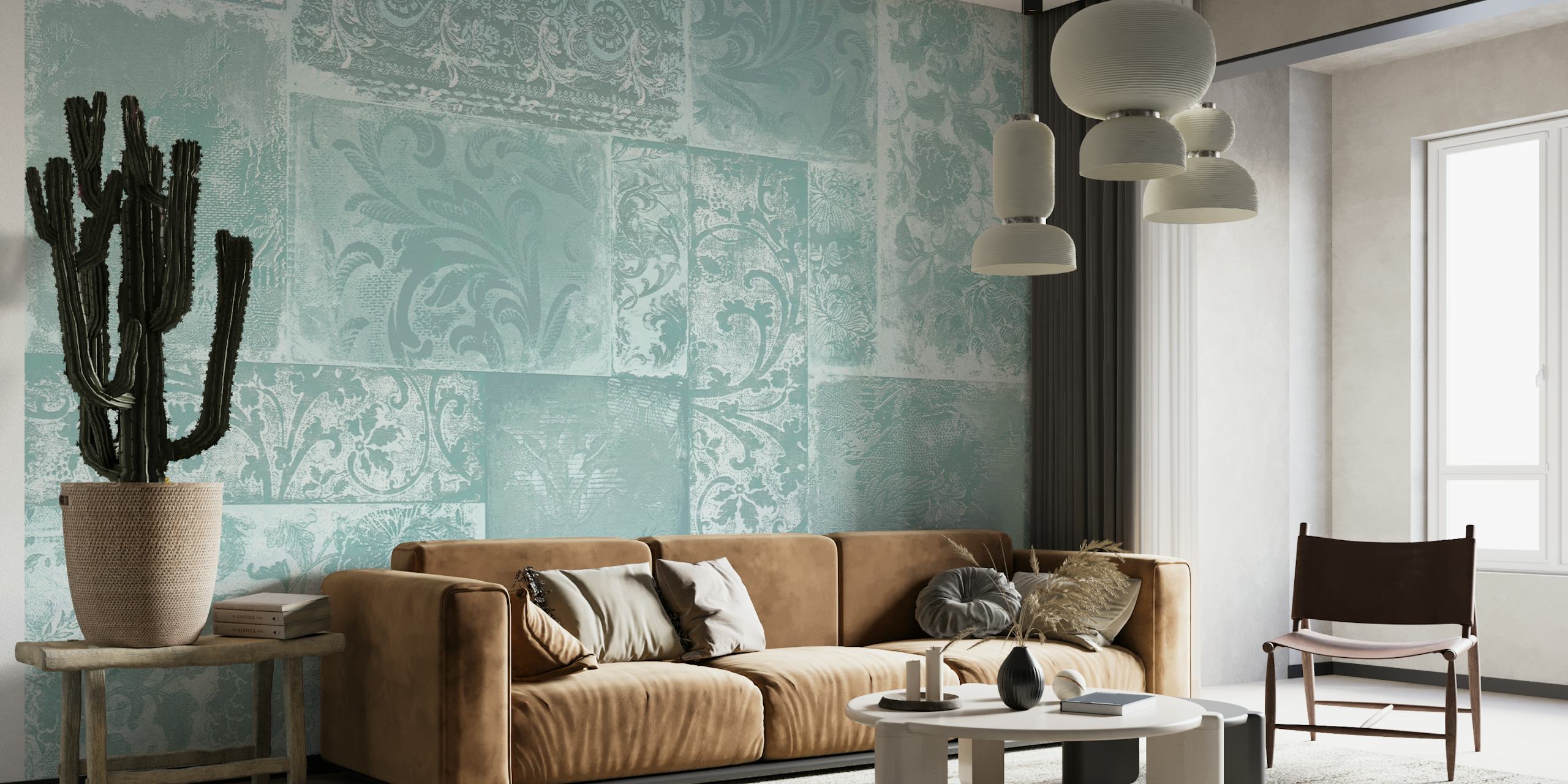 Mural de pared bohemio de patchwork turquesa que presenta una mezcla de patrones ornamentados en tonos suaves.