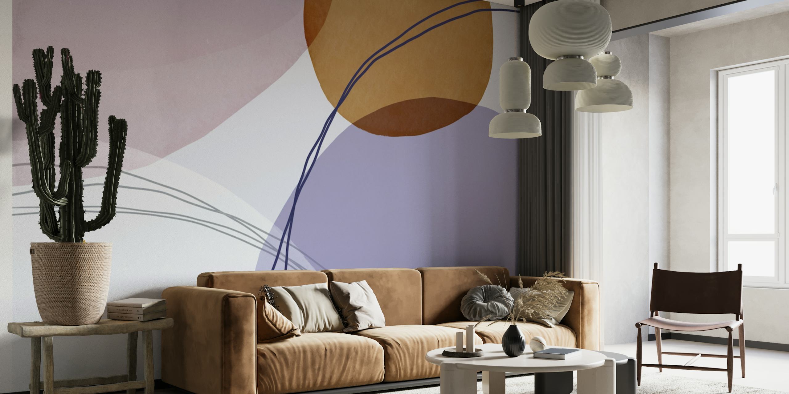 Abstract pastel wall mural with intermingling circles and flowing lines