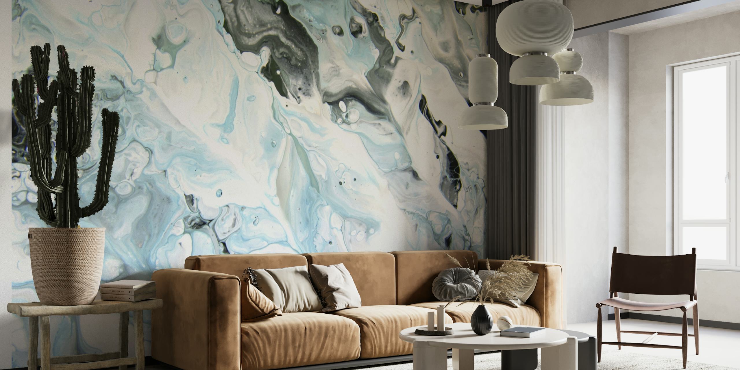 Abstract patterns of silvery greys and soft whites mimicking marble in a wall mural
