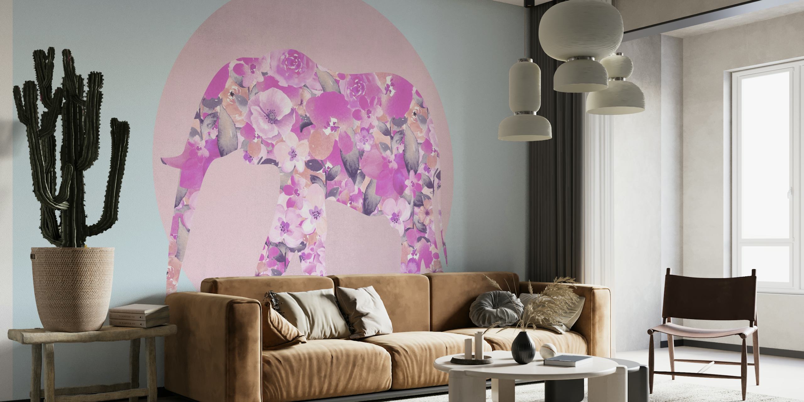 Bloemenwaterverf olifantenmuurschildering met pastelkleurige achtergrond
