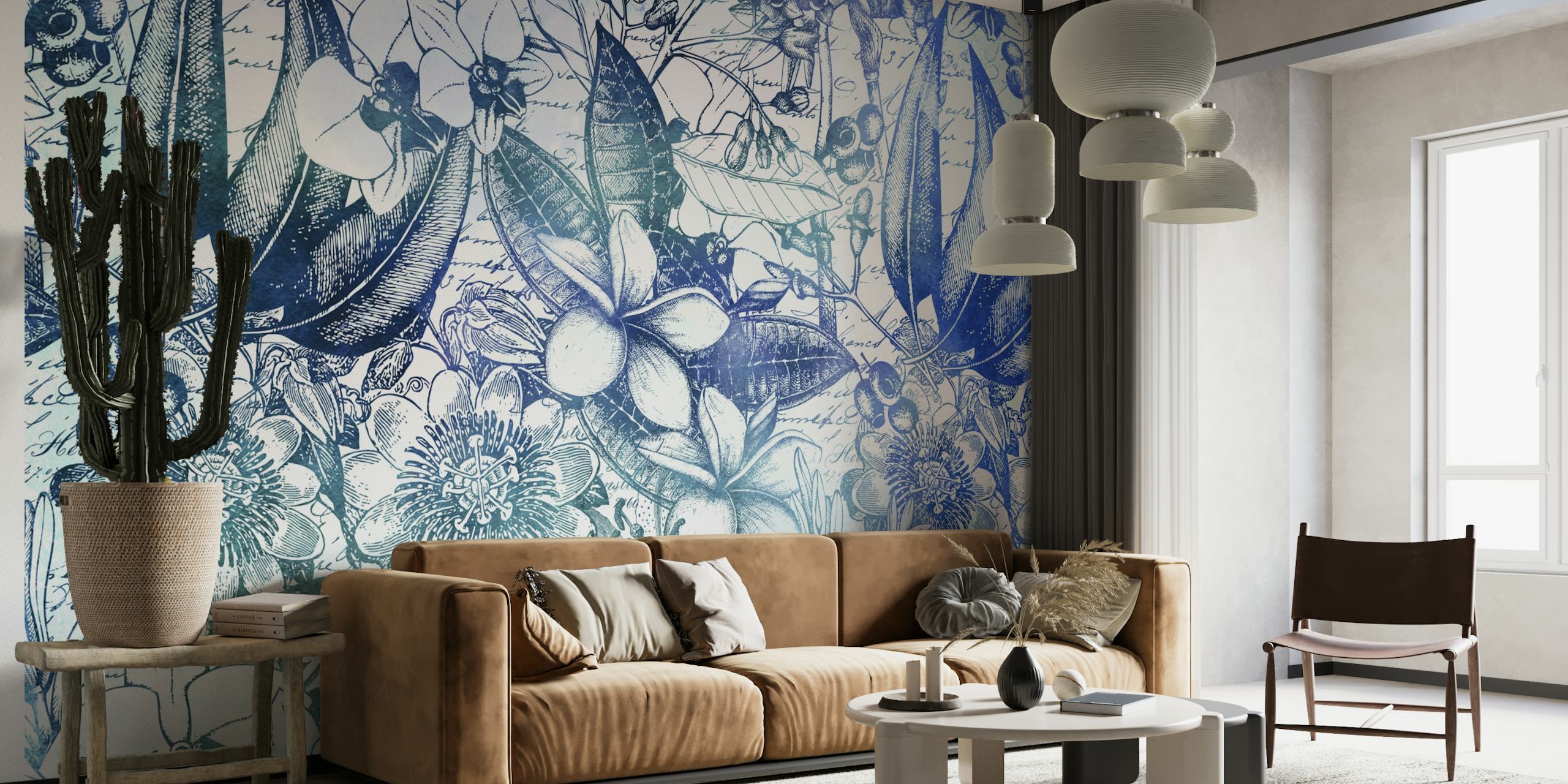 Papier peint botanique de style vintage avec des tons bleus représentant des feuilles, des oiseaux et des fleurs